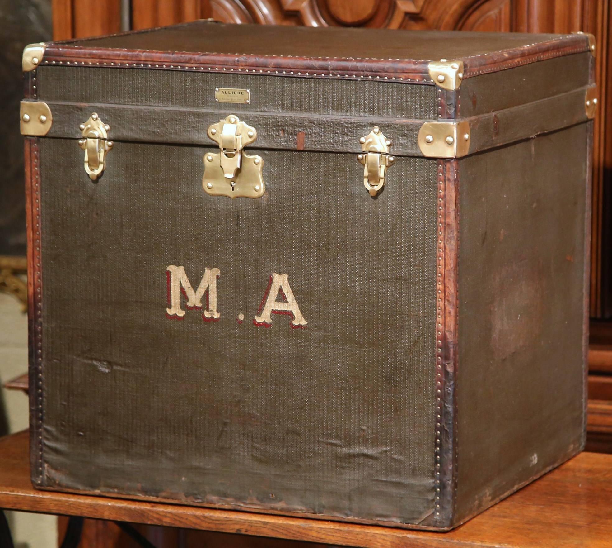 Hand-Crafted 19th Century French Leather and Brass Trunk Luggage Signed Alligre Paris