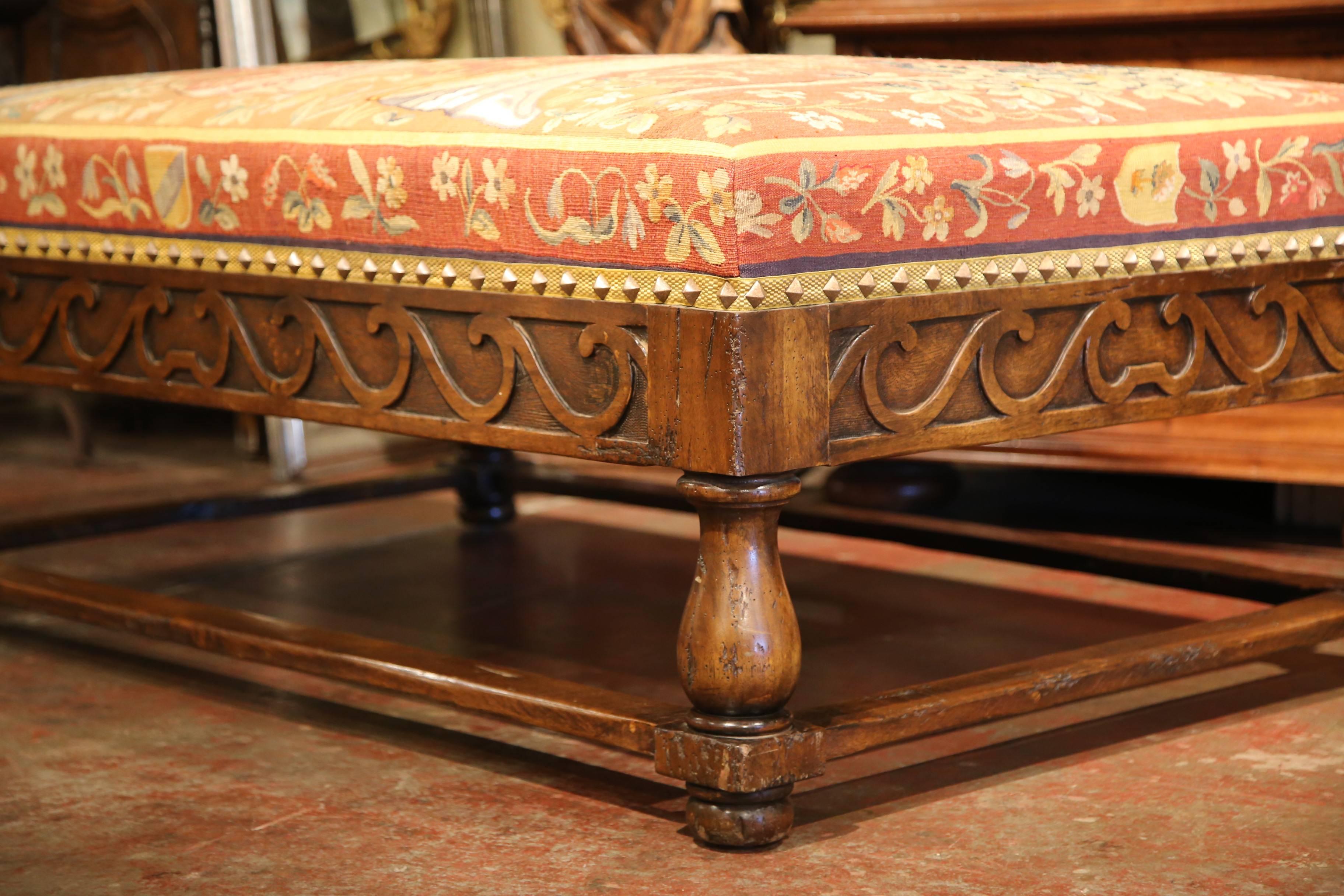 Hand-Carved Large, 19th Century French Carved Walnut Ottoman with Aubusson Tapestry