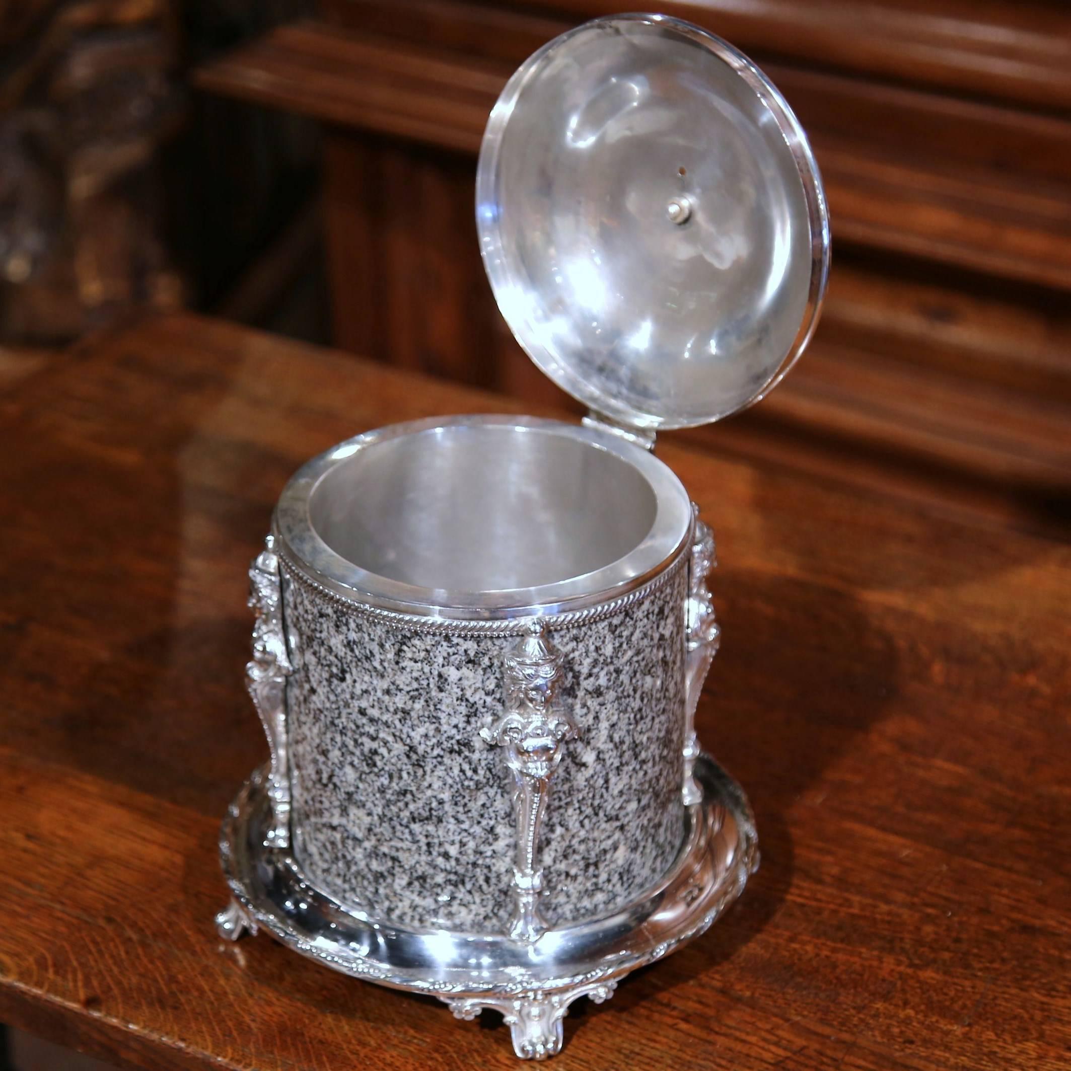 19th Century English Granite and Silver Plated Biscuit Box with Decorative Mount In Excellent Condition In Dallas, TX