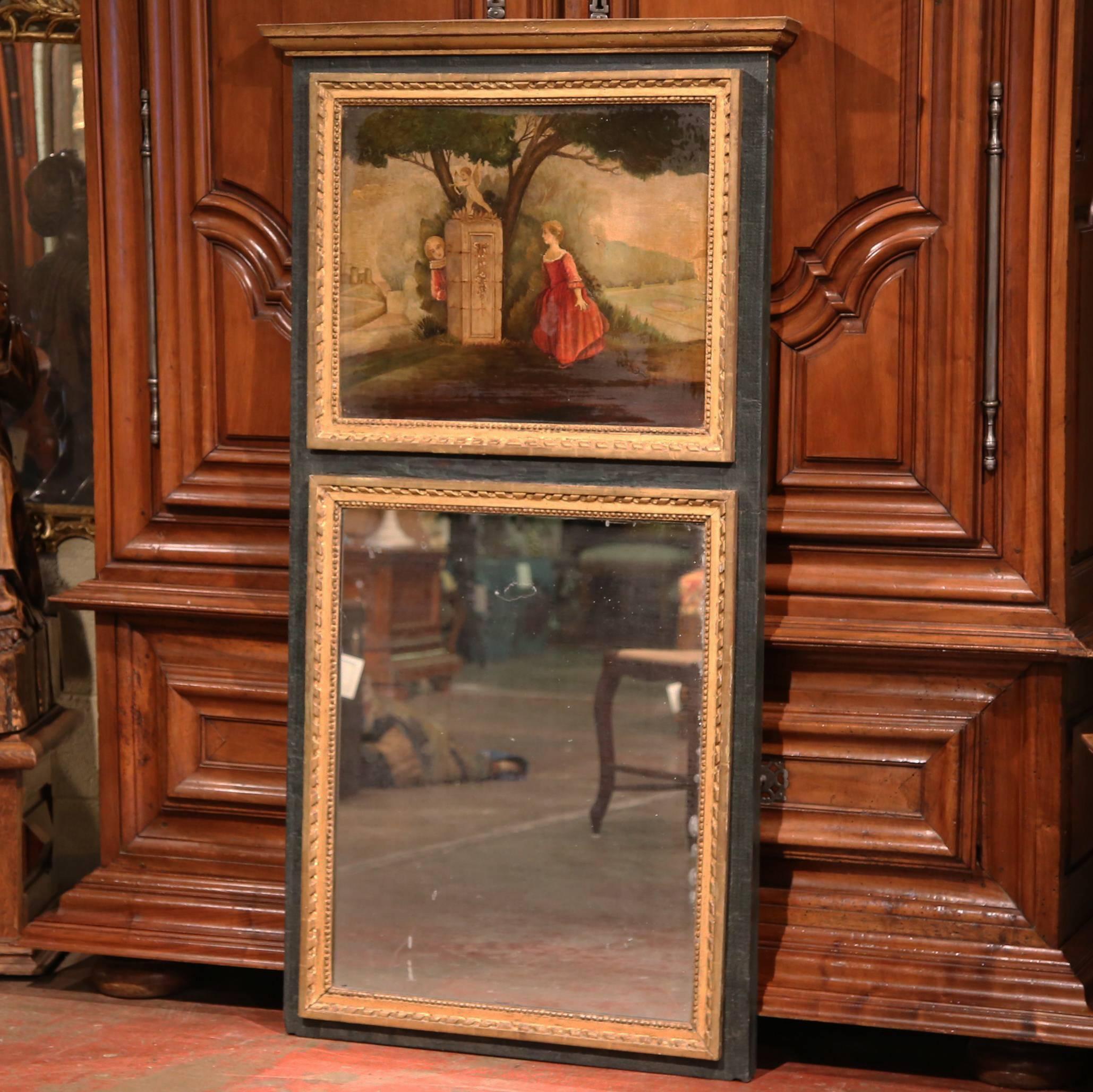 Canvas 19th Century French Carved Painted and Gilt Trumeau Mirror with Bucolic Scene For Sale