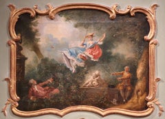 19th Century French Painted Trumeau Mirror "the Swing" after J.H. Fragonard