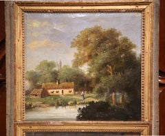 Small 18th Century French Painted and Gilt Trumeau Mirror with Pastoral Scene