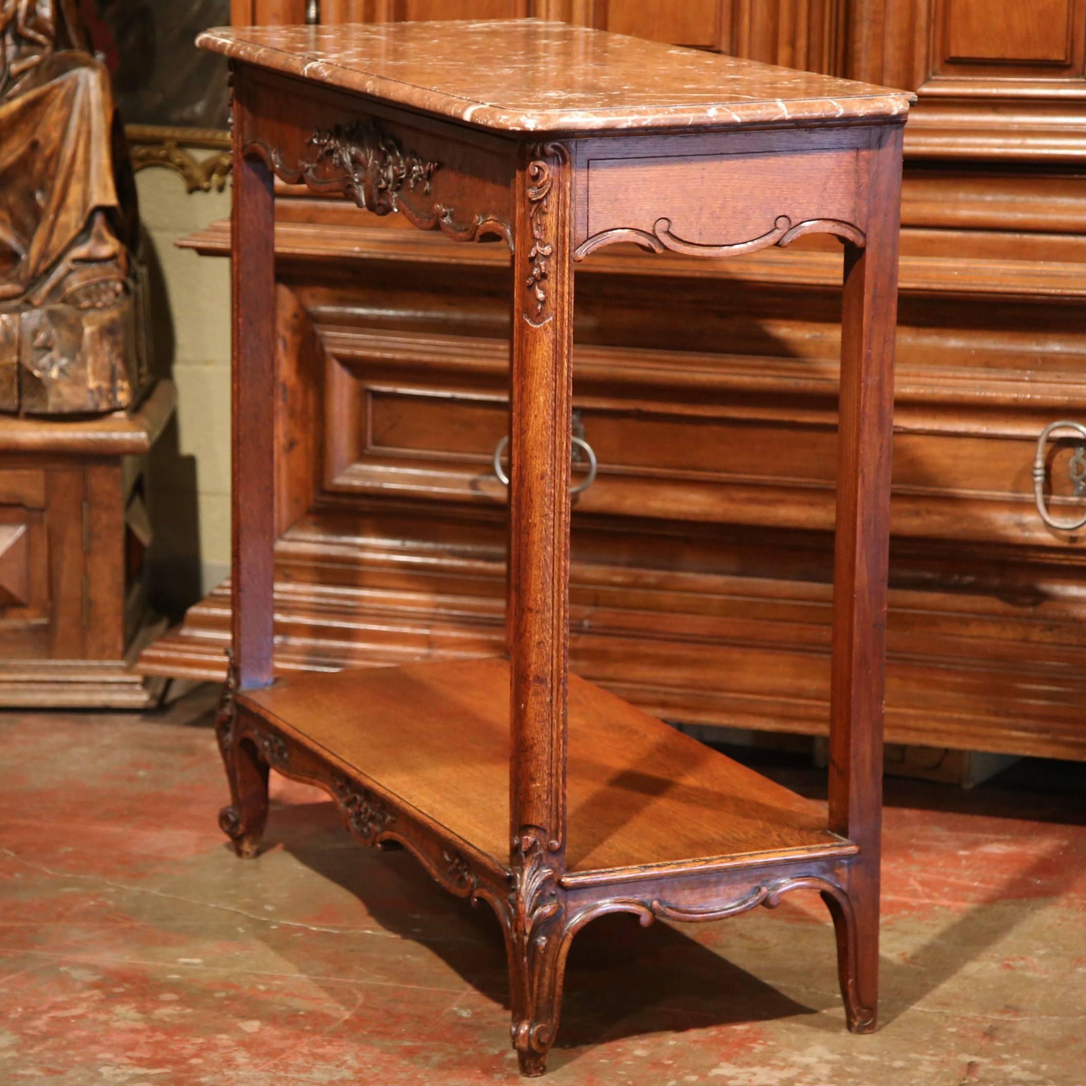 19th Century French Carved Oak Two-Tier Console Table with Marble Top 1