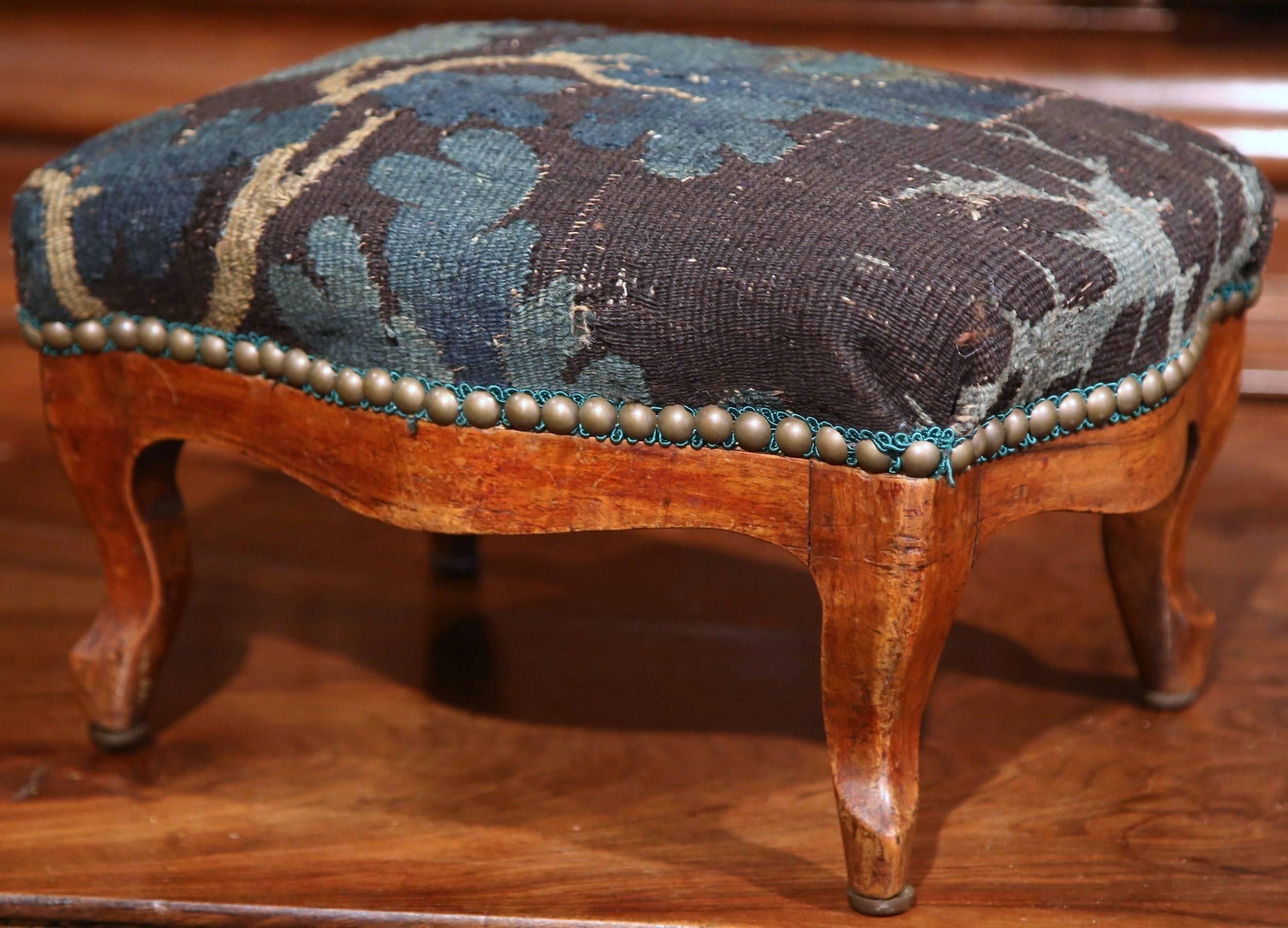 Hand-Woven 19th Century French Carved Walnut Footstool with 18th Century Aubusson Tapestry