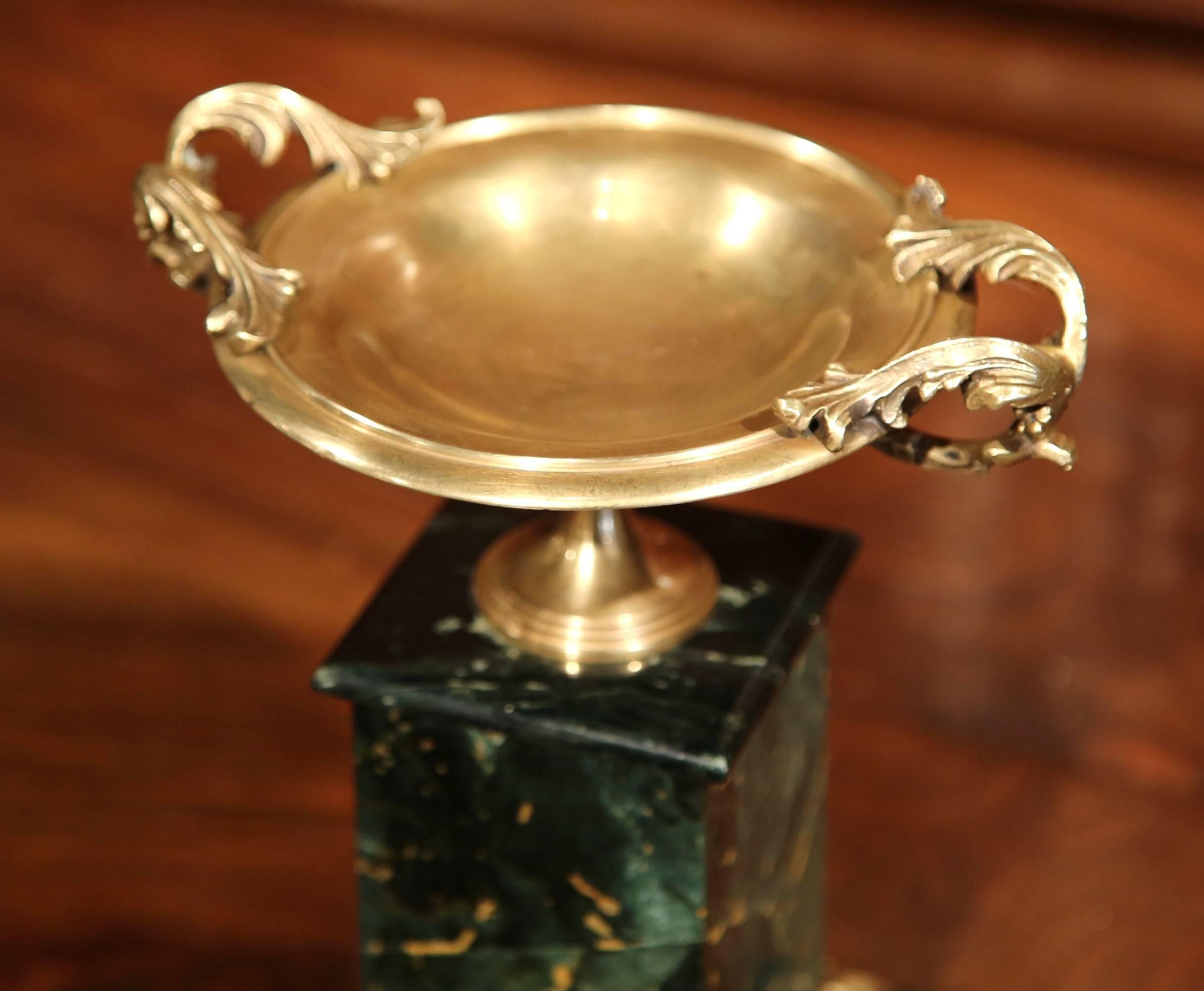 19th Century French Patinated Brass Vide-Poche Tray on Green Marble Base 3