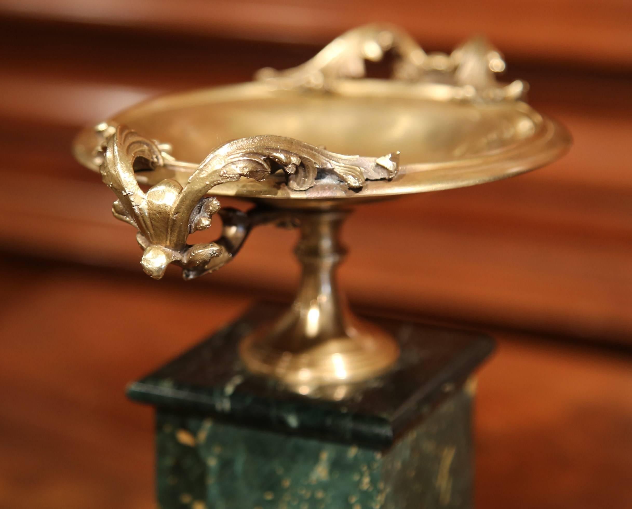 19th Century French Patinated Brass Vide-Poche Tray on Green Marble Base 2