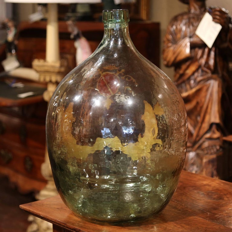Large Handblown Demijohn Glass Bottle from France with Painted Coat of