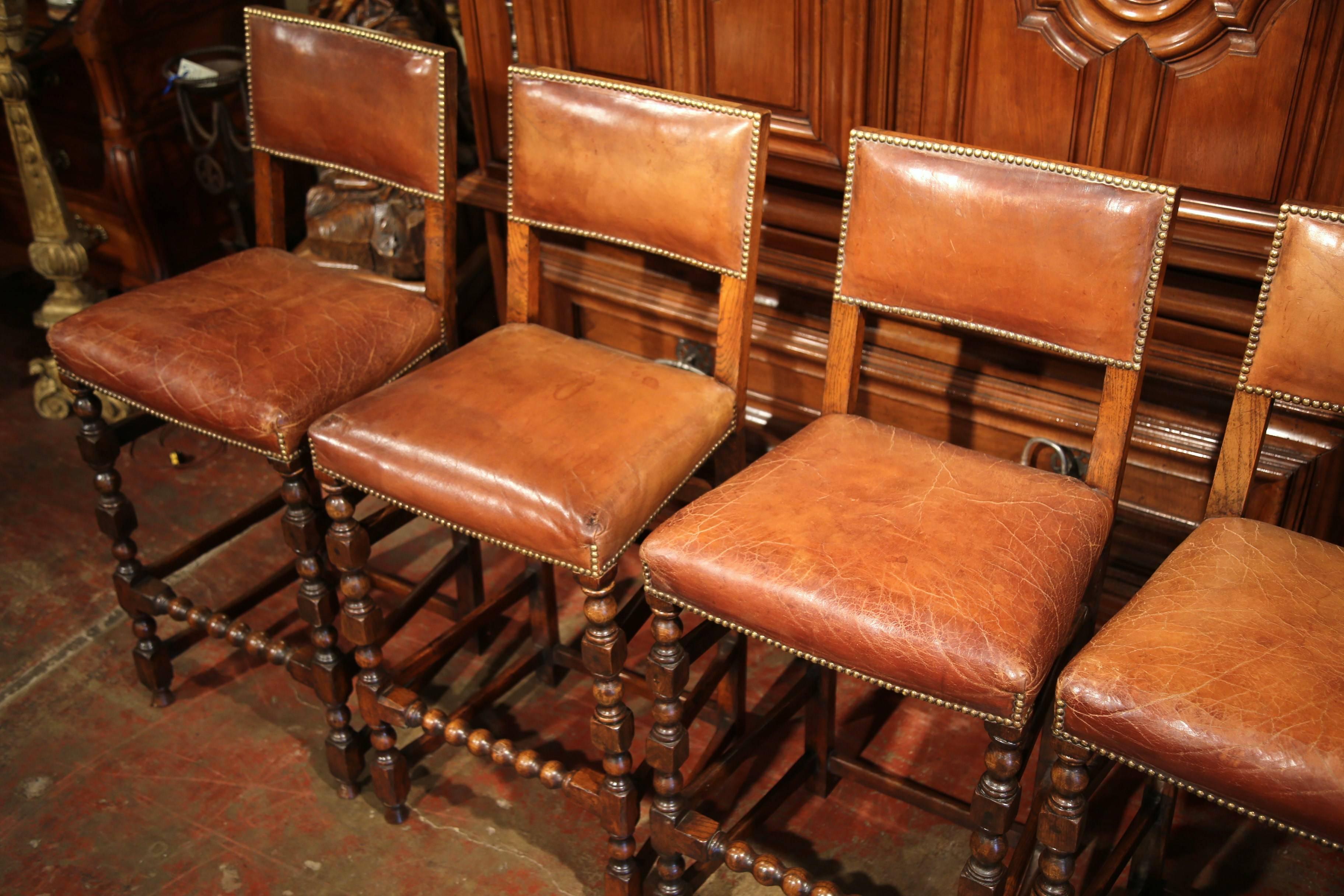 Hand-Carved Four 19th Century French Carved Barstools with Back and Original Leather