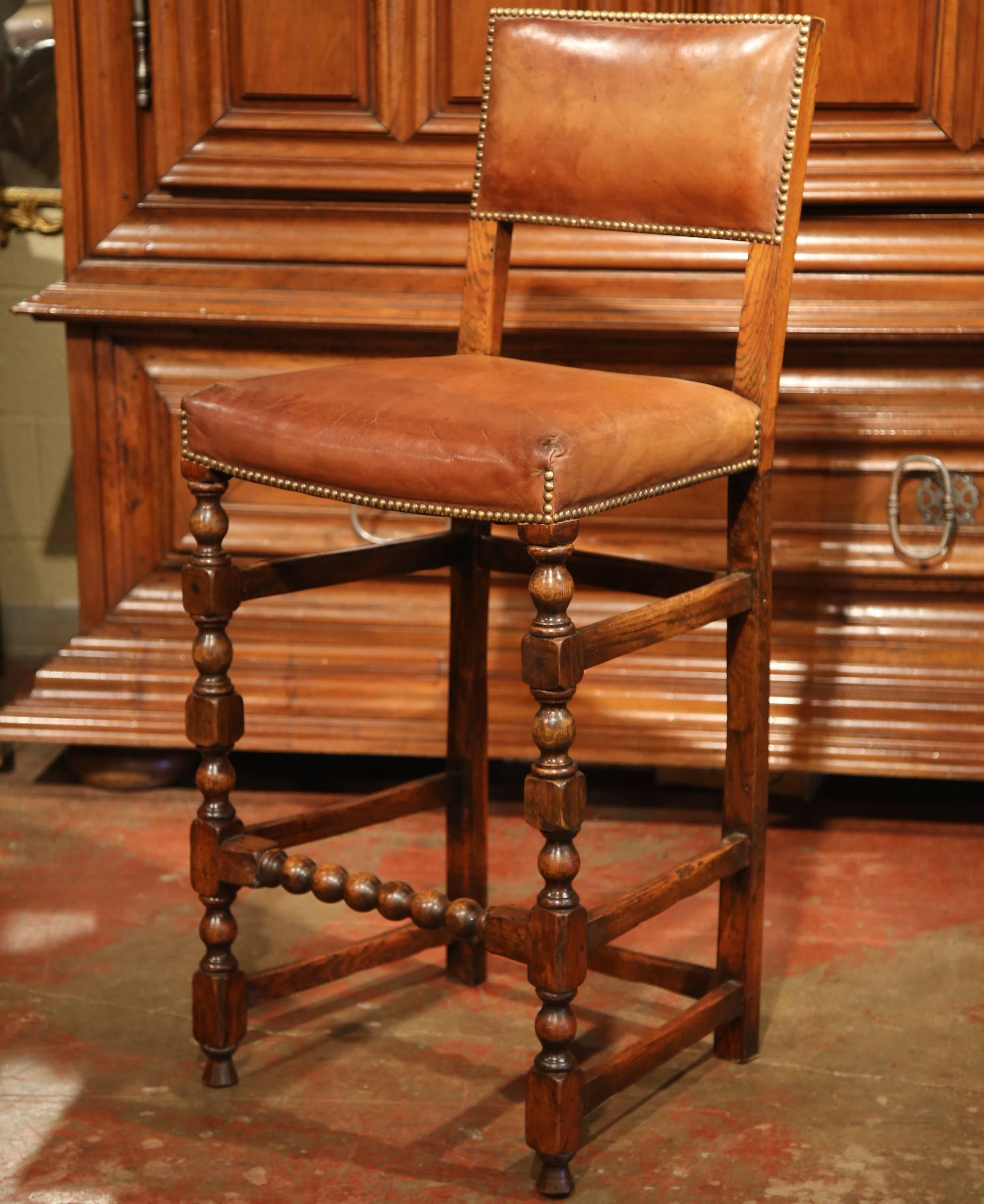 Four 19th Century French Carved Barstools with Back and Original Leather 3