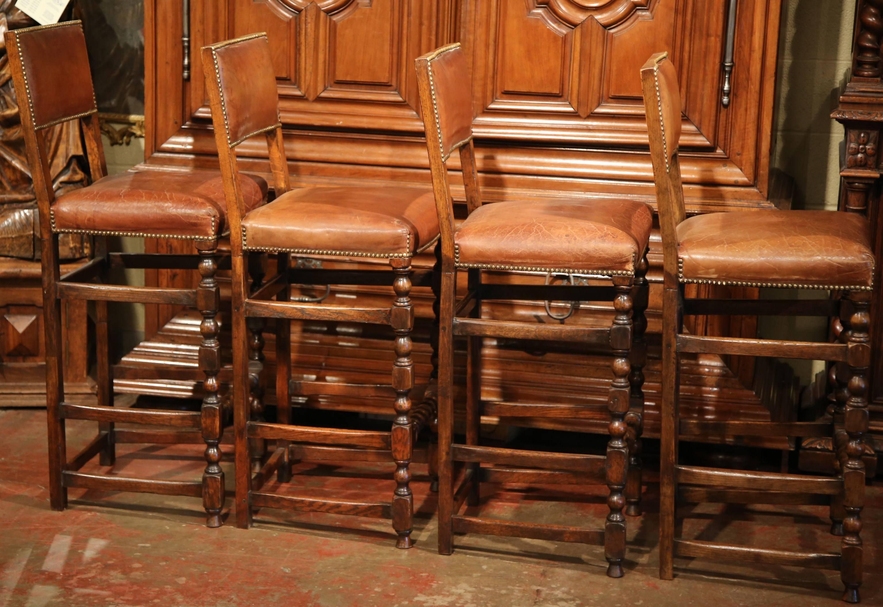 Four 19th Century French Carved Barstools with Back and Original Leather 2