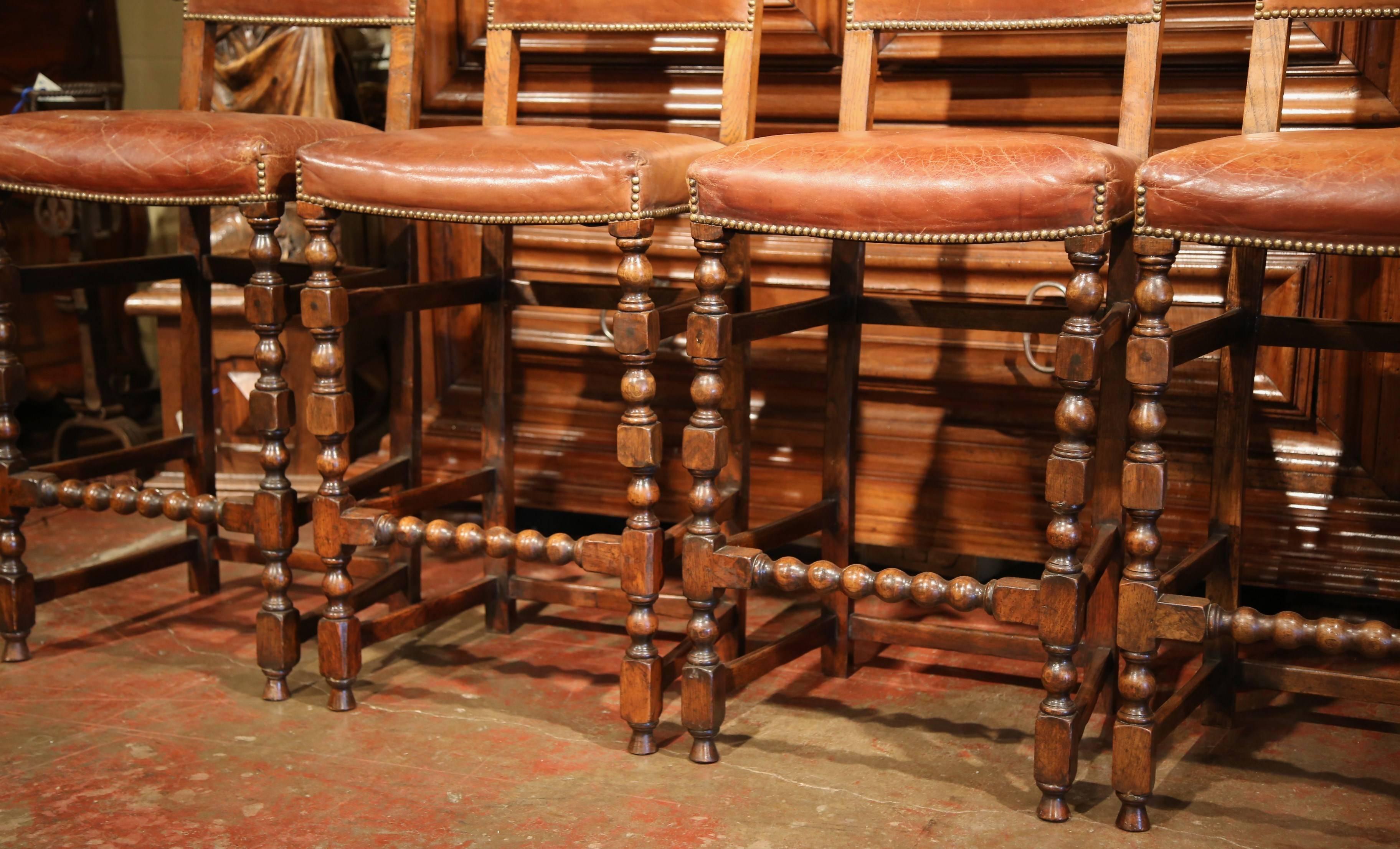 Four 19th Century French Carved Barstools with Back and Original Leather In Excellent Condition In Dallas, TX