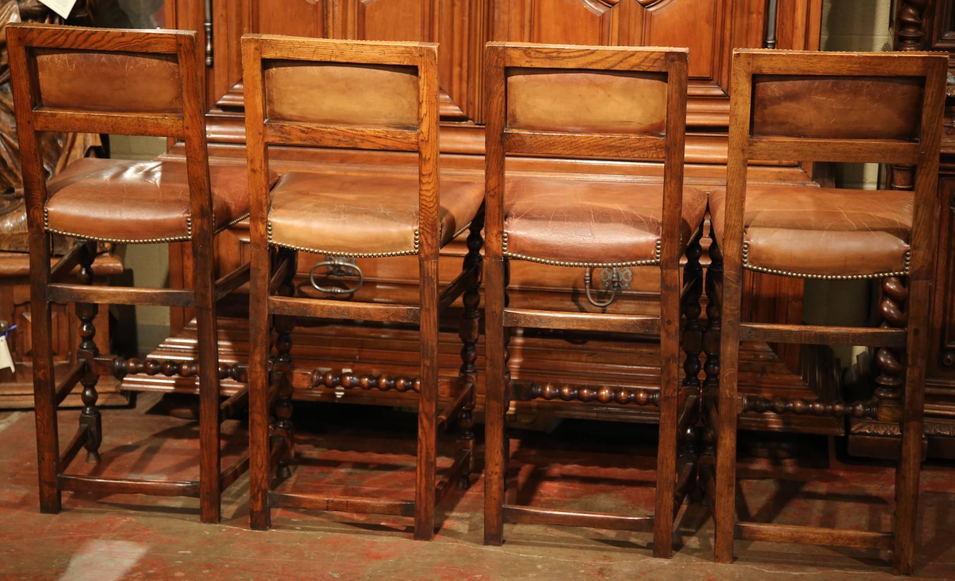 Four 19th Century French Carved Barstools with Back and Original Leather 5