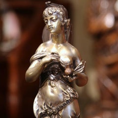 19th Century French Silvered Bronze Roman Woman Statue Standing on Dolphin