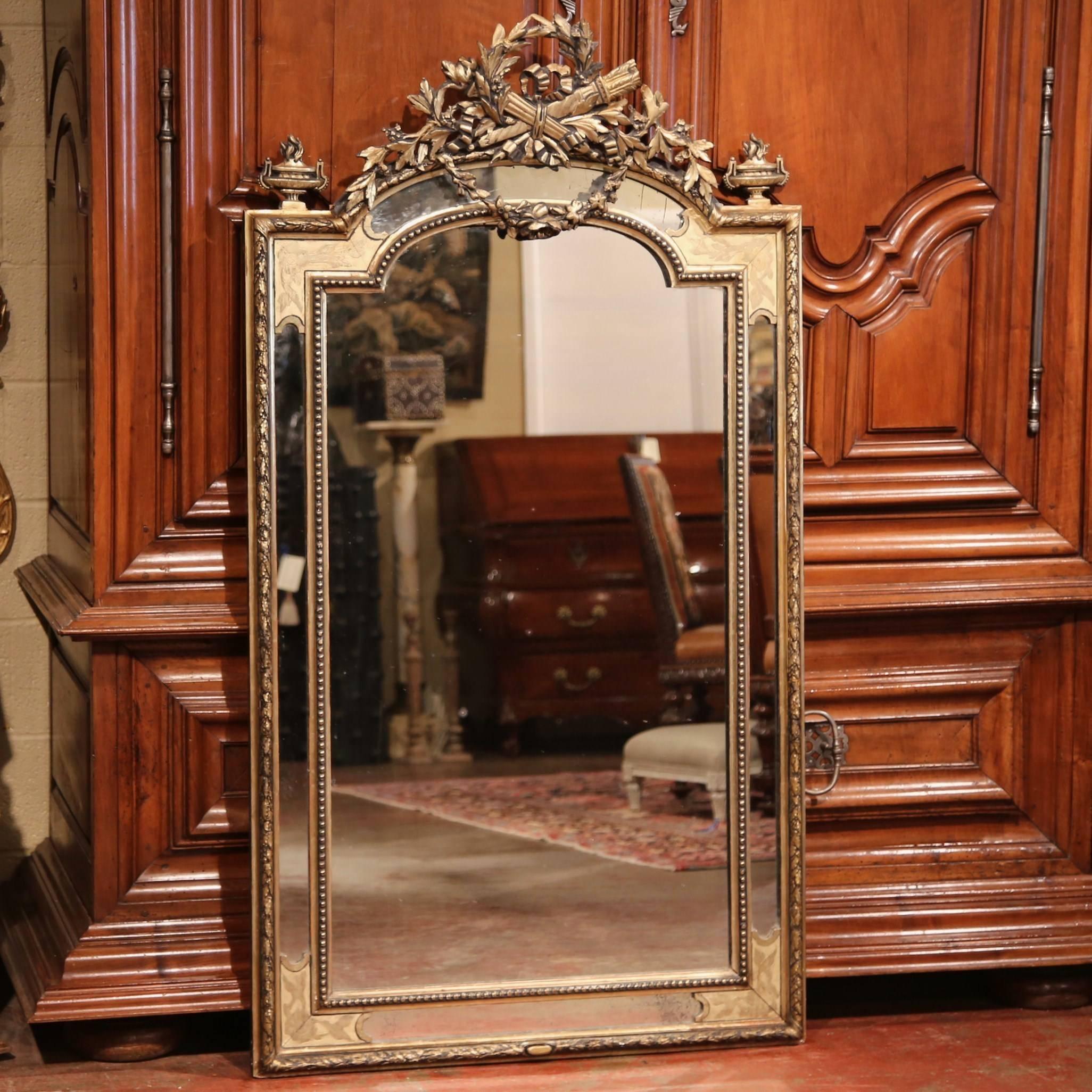 Mercury Glass 19th Century French Louis XVI Carved Giltwood and Silvered Overlay Wall Mirror