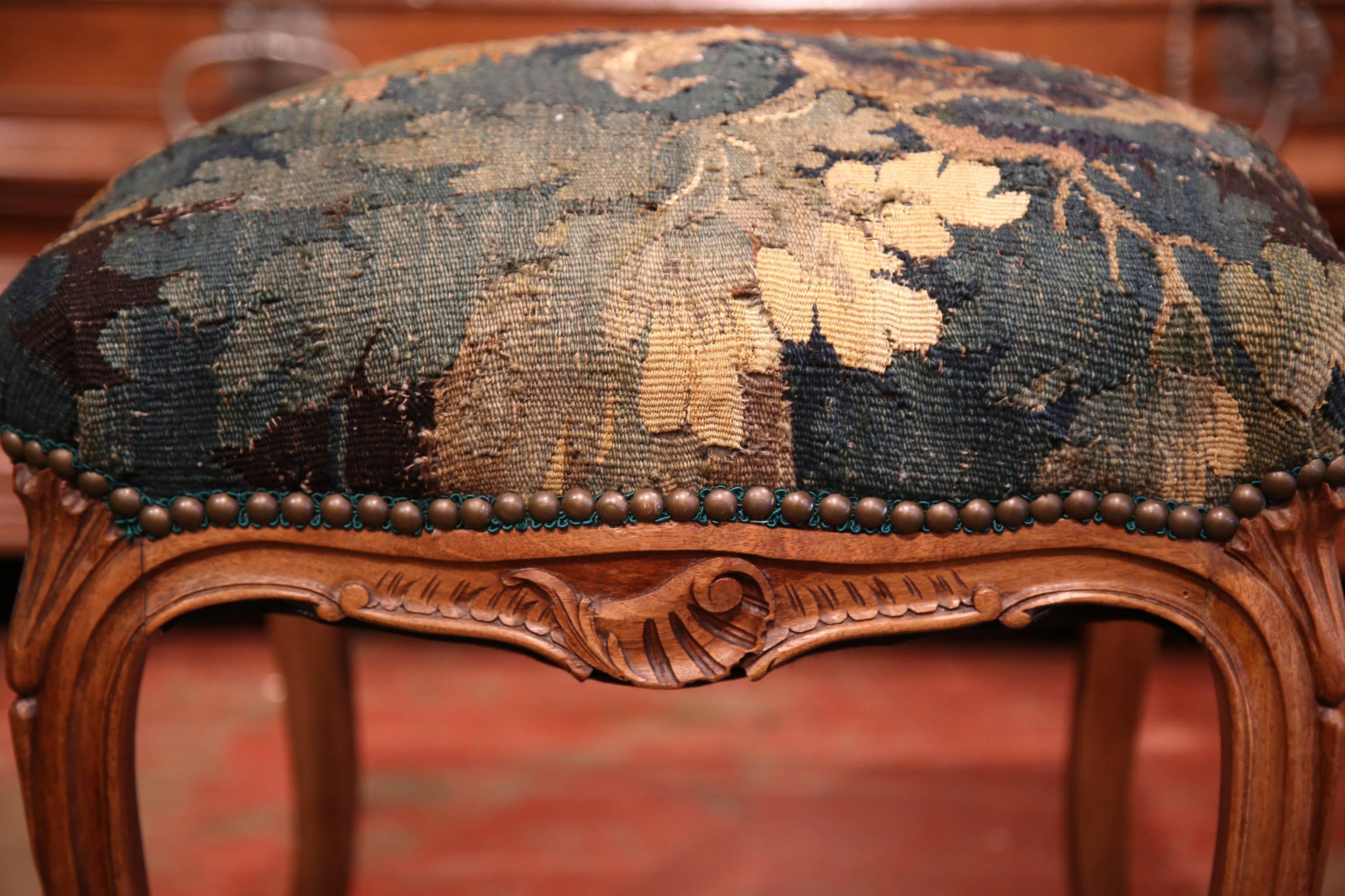 19th Century French Louis XV Walnut Stool with 18th Century Aubusson Tapestry 1
