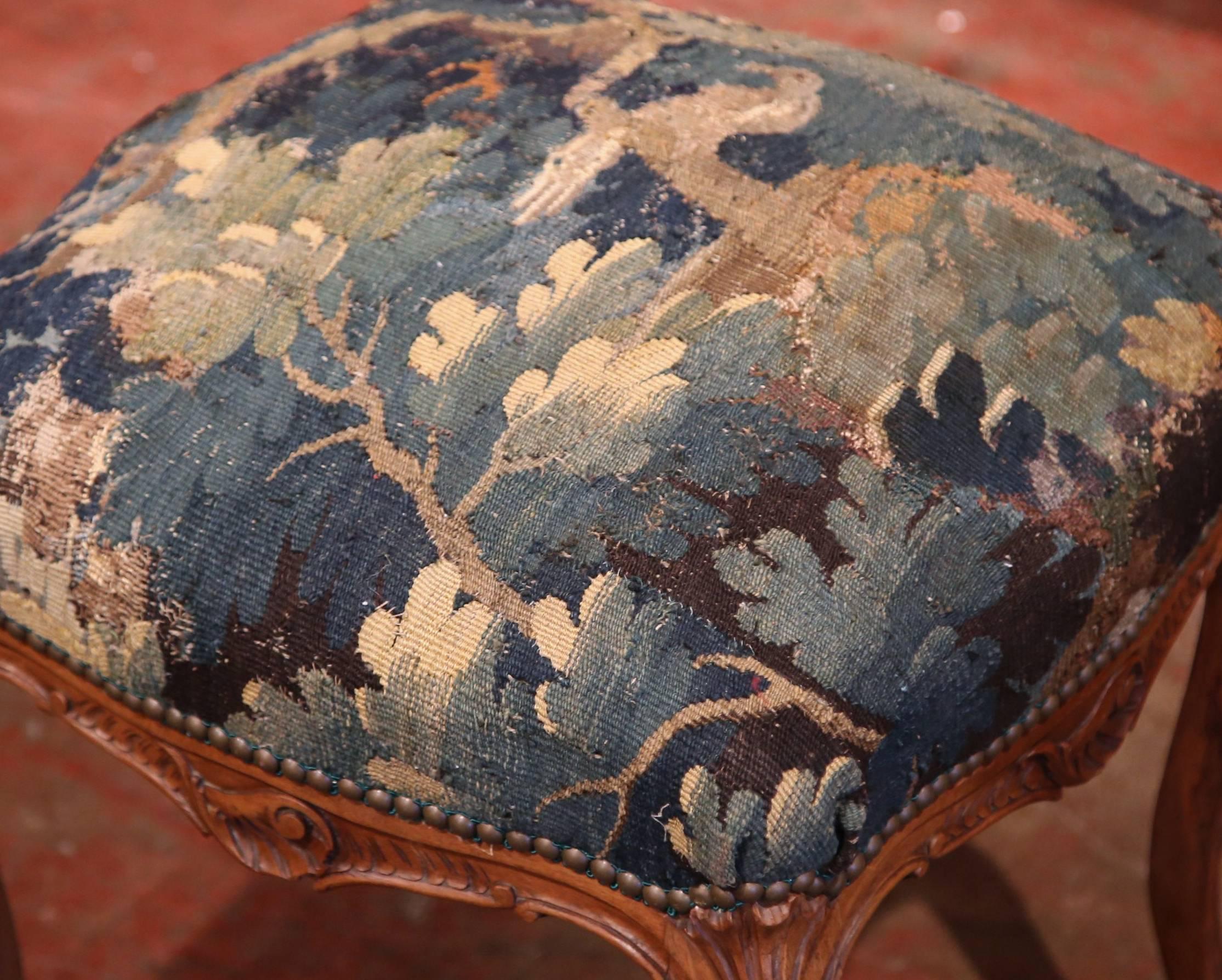 19th Century French Louis XV Walnut Stool with 18th Century Aubusson Tapestry 2