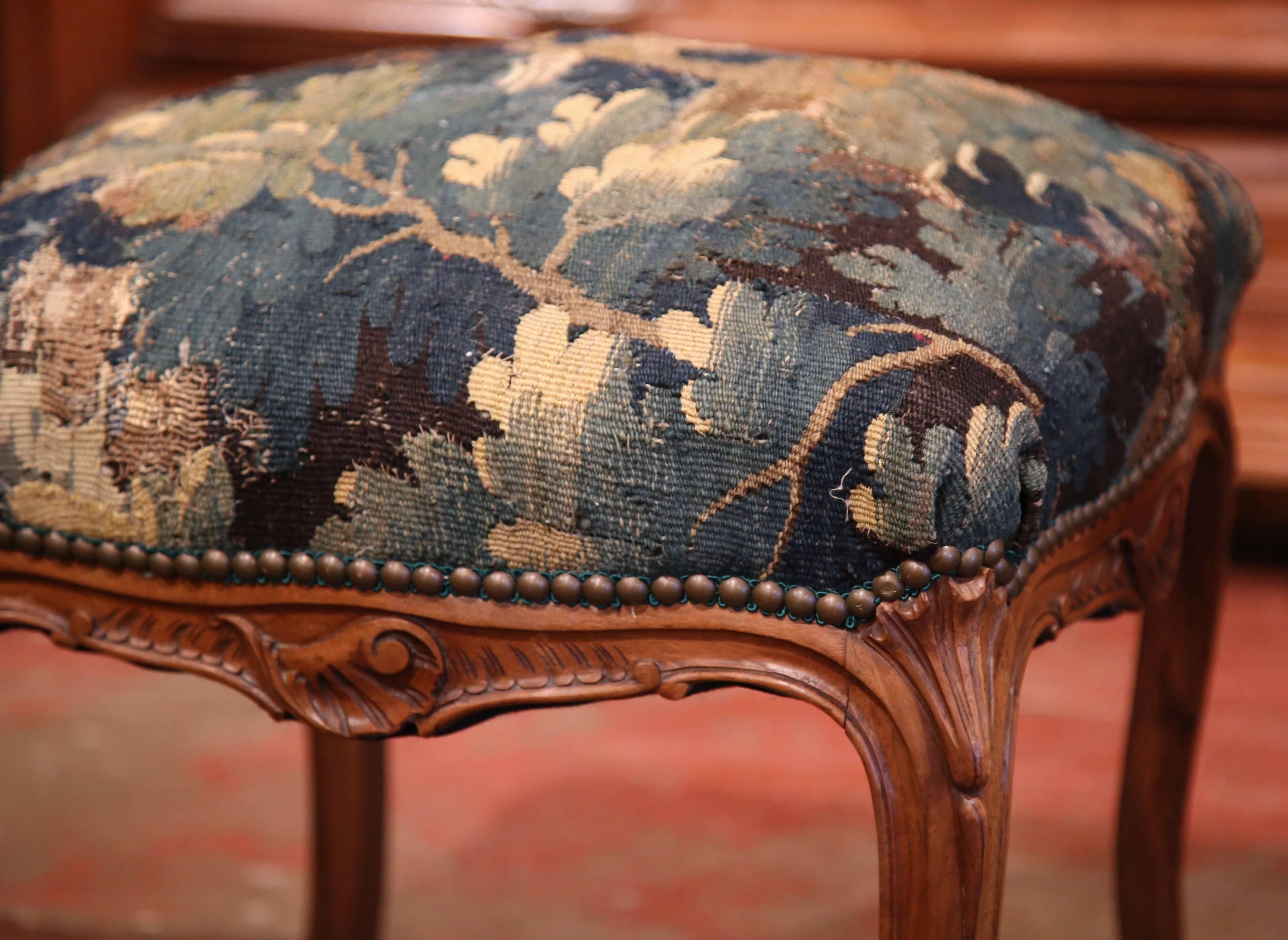 19th Century French Louis XV Walnut Stool with 18th Century Aubusson Tapestry 5