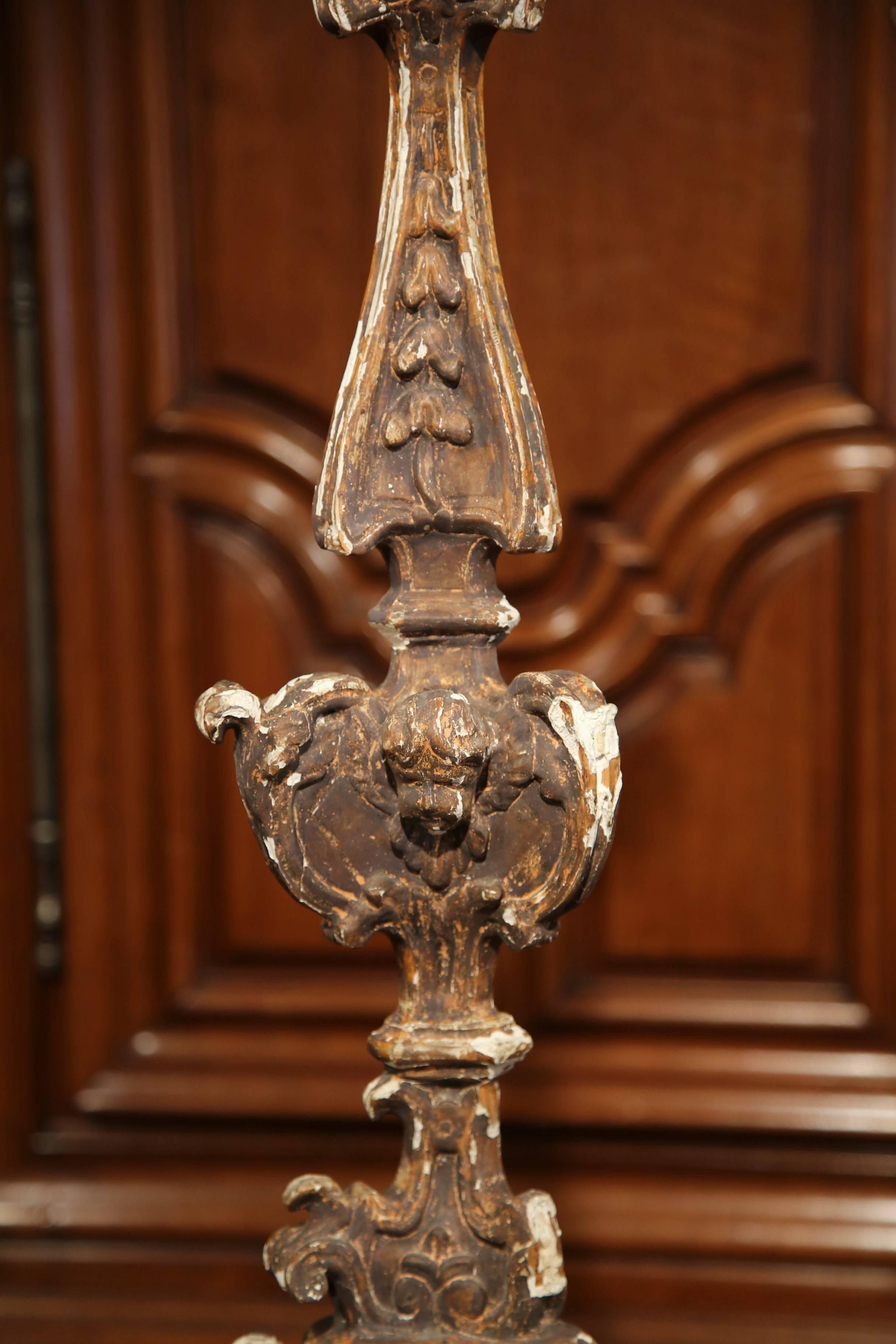 Hand-Carved Early 19th Century Italian Carved Giltwood Pricket Candlestick