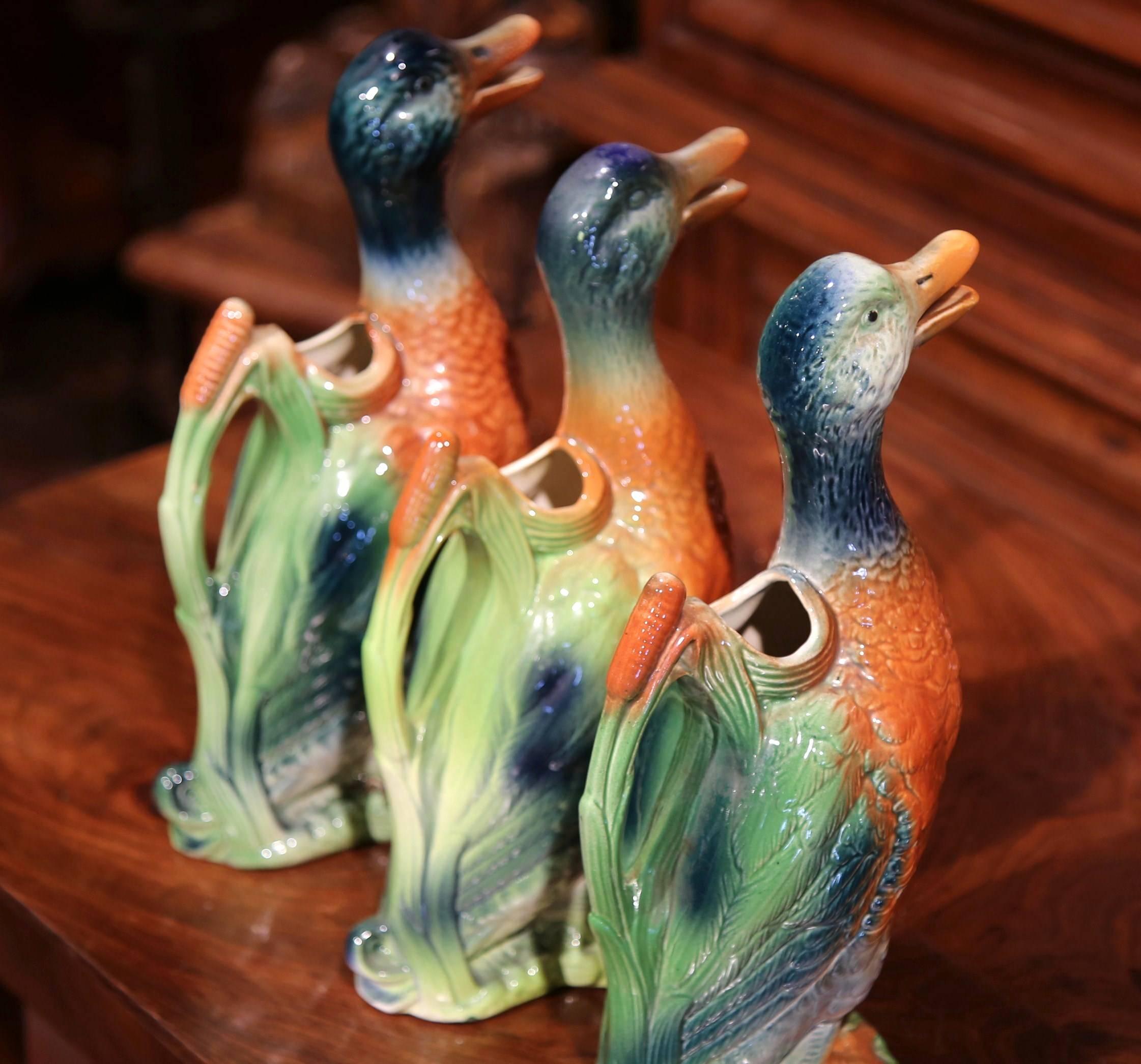 Hand-Crafted Early 20th Century French Painted Barbotine Duck Sculpture Pitchers, Set of 3
