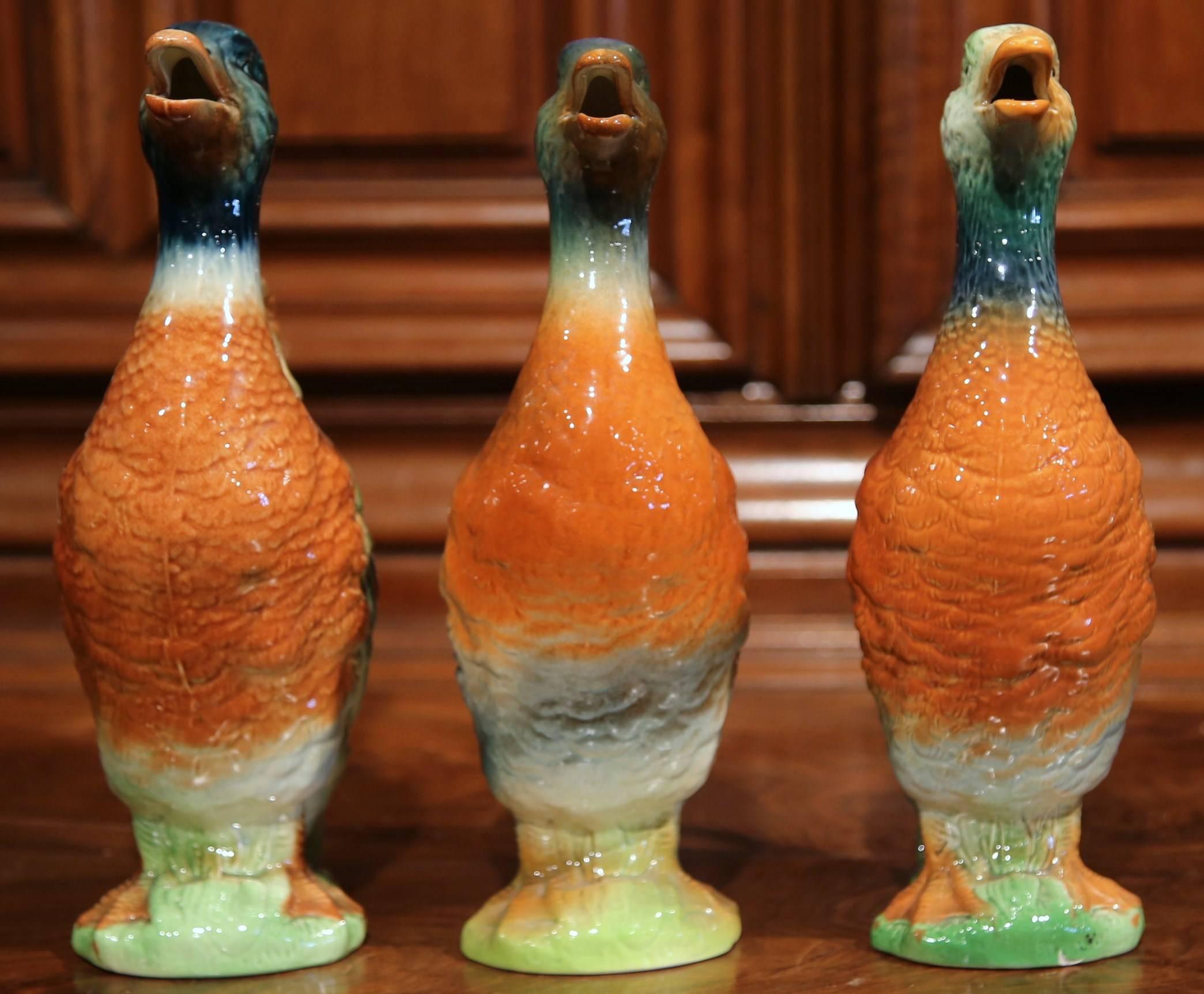 Majolica Early 20th Century French Painted Barbotine Duck Sculpture Pitchers, Set of 3