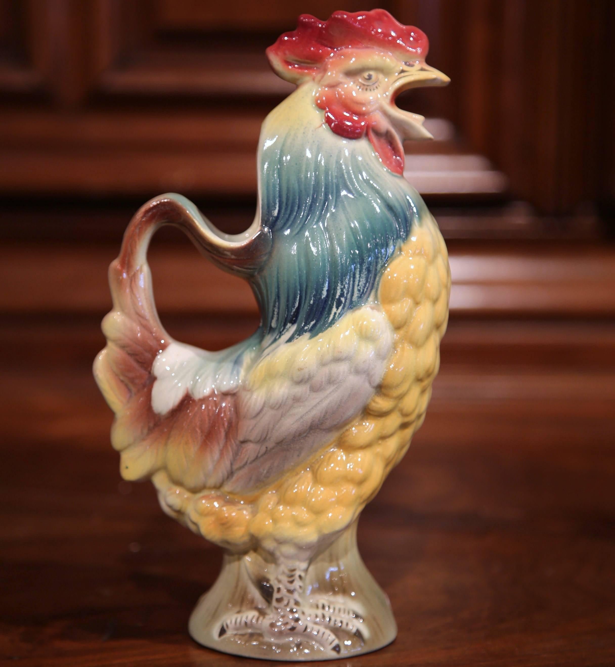 Ceramic Two Early 20th Century, French Hand-Painted Barbotine Rooster Water Pitchers