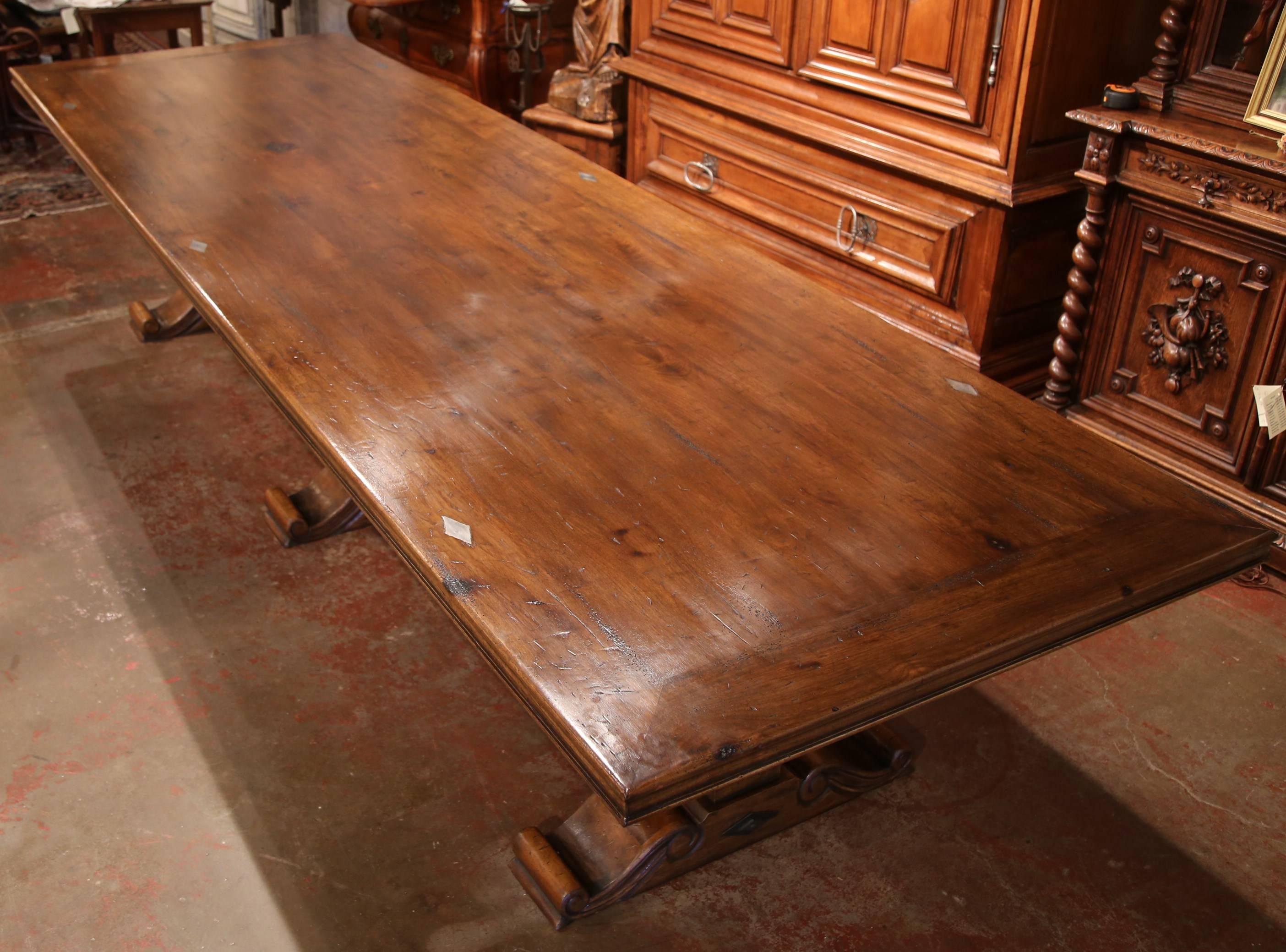 American Large French Louis XIII Style Walnut Trestle Farm Table with Three Carved Legs