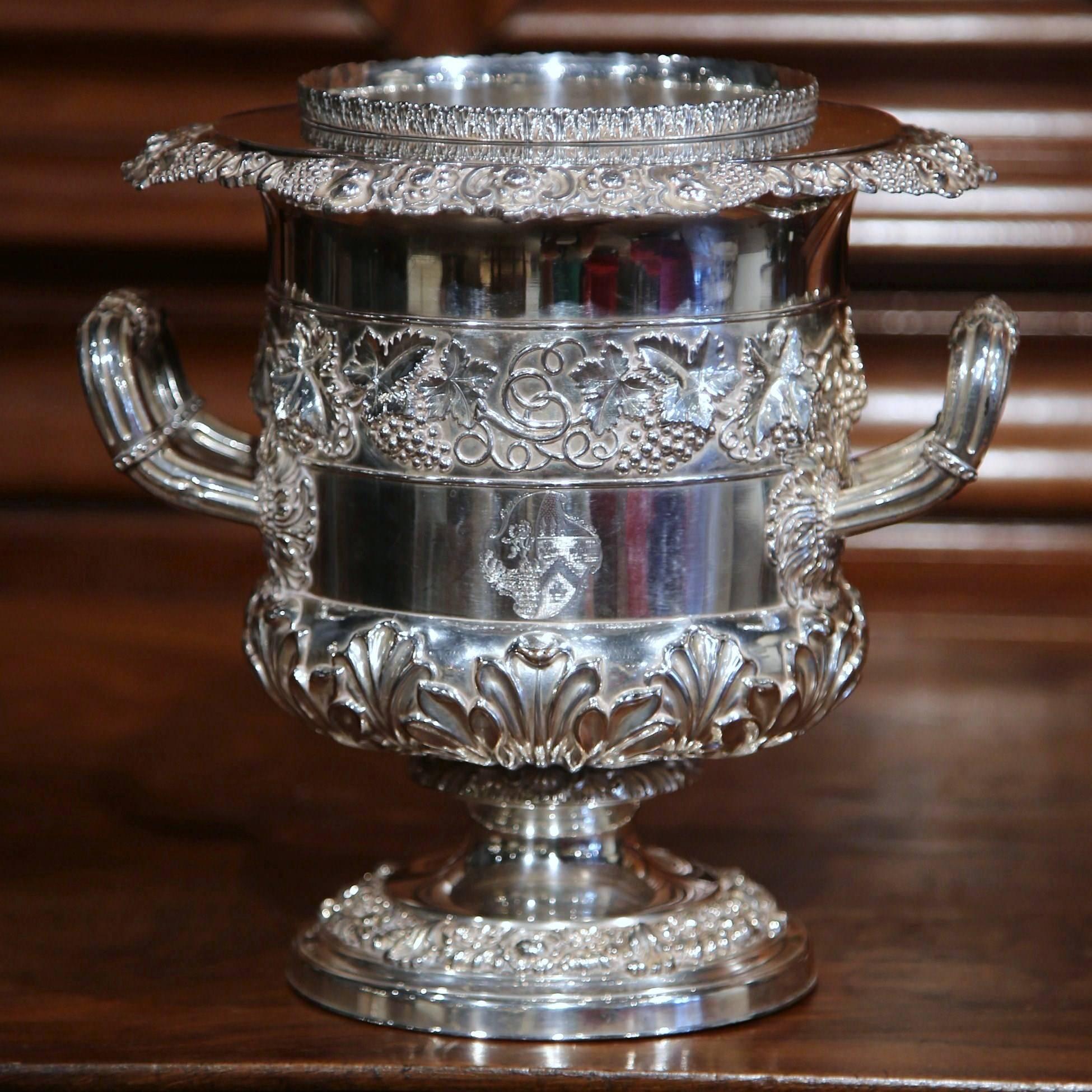 Early 20th Century English Silver Plated Wine Cooler with Engraved Coat of Arms 1