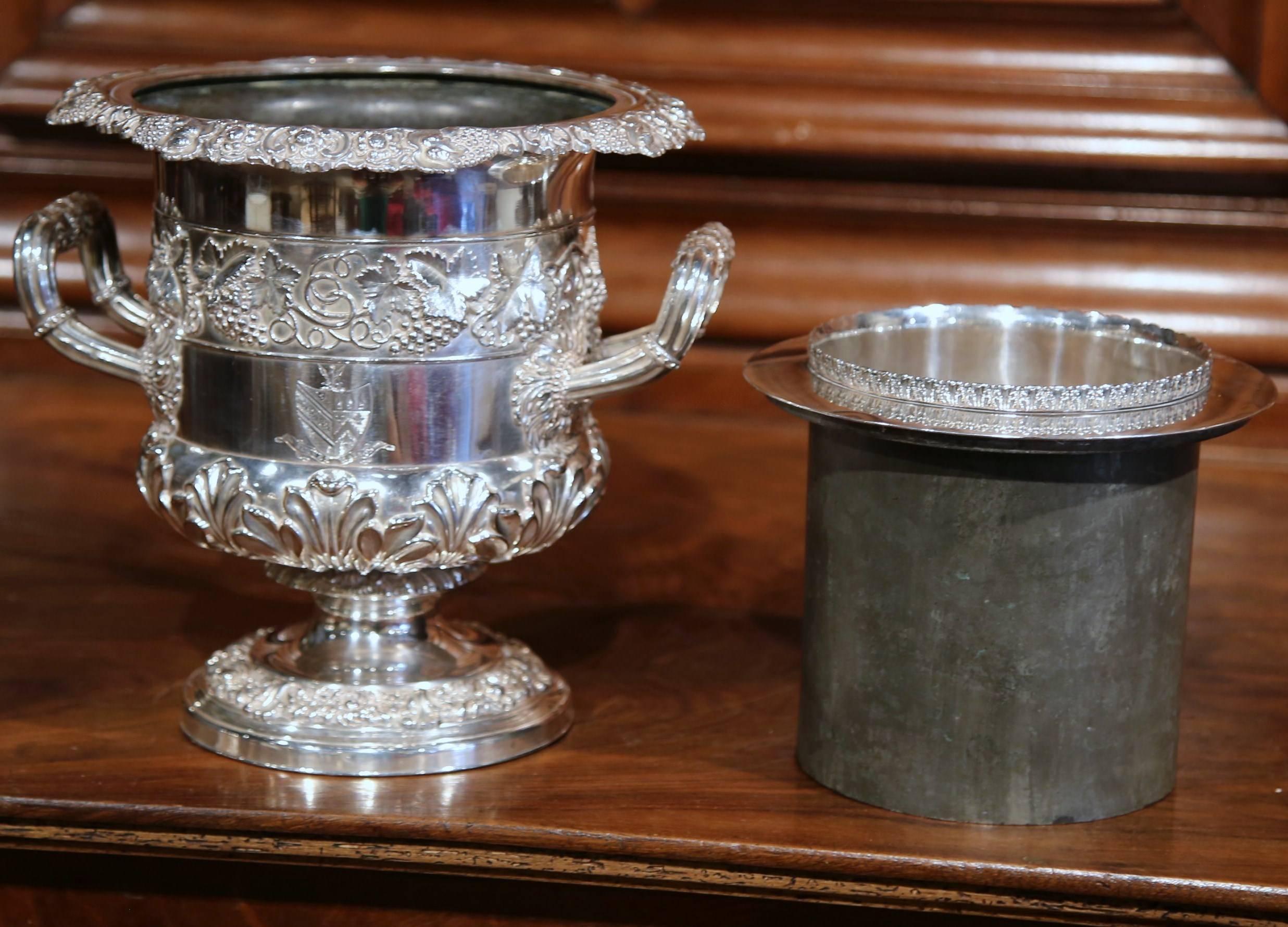 Early 20th Century English Silver Plated Wine Cooler with Engraved Coat of Arms 3