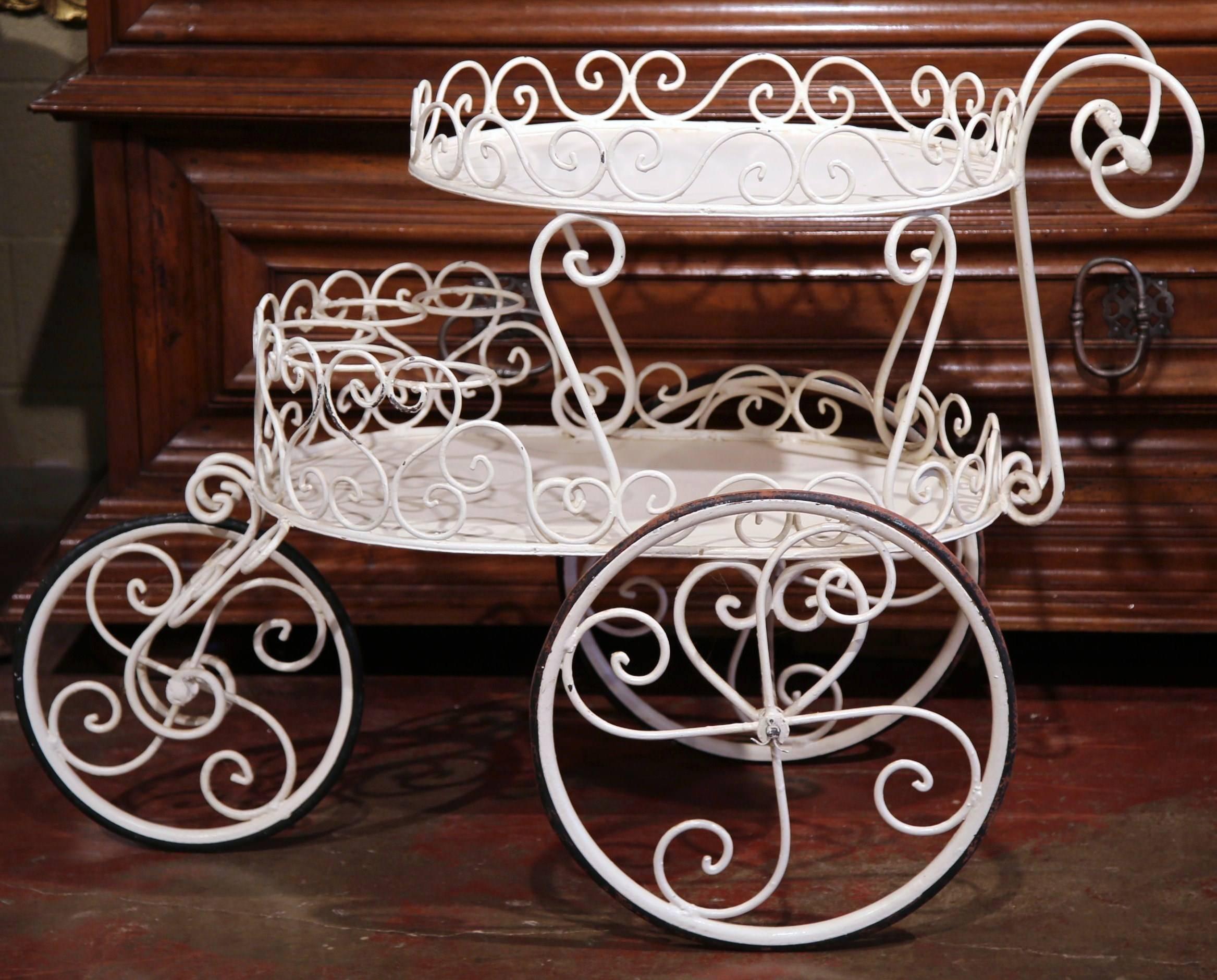 Hand-Crafted Early 20th Century French Painted Iron Garden Bar Cart on Wheels