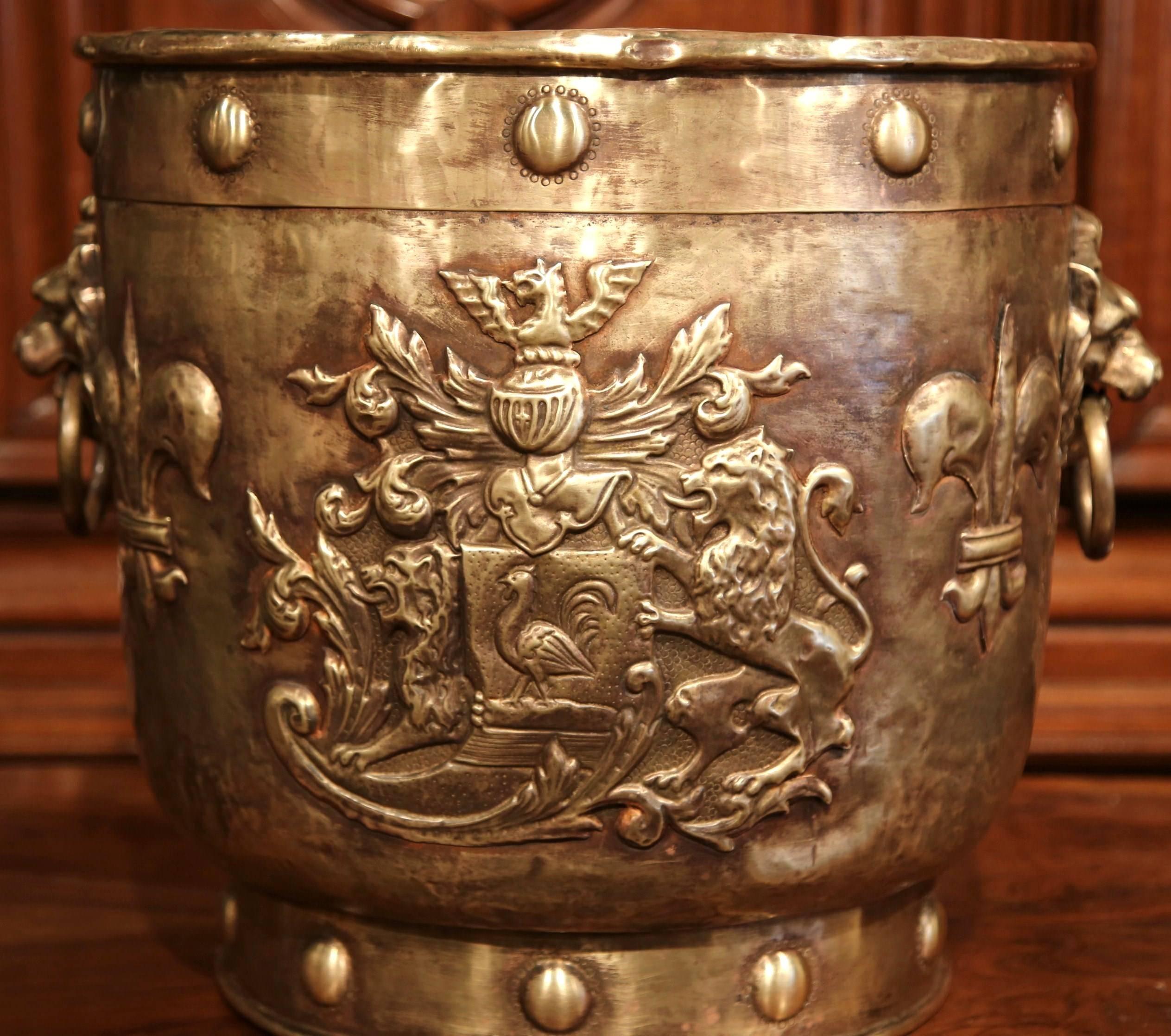 Gothic Large 19th Century French Brass Bucket with Repousse Motifs and Fleur-de-Lys