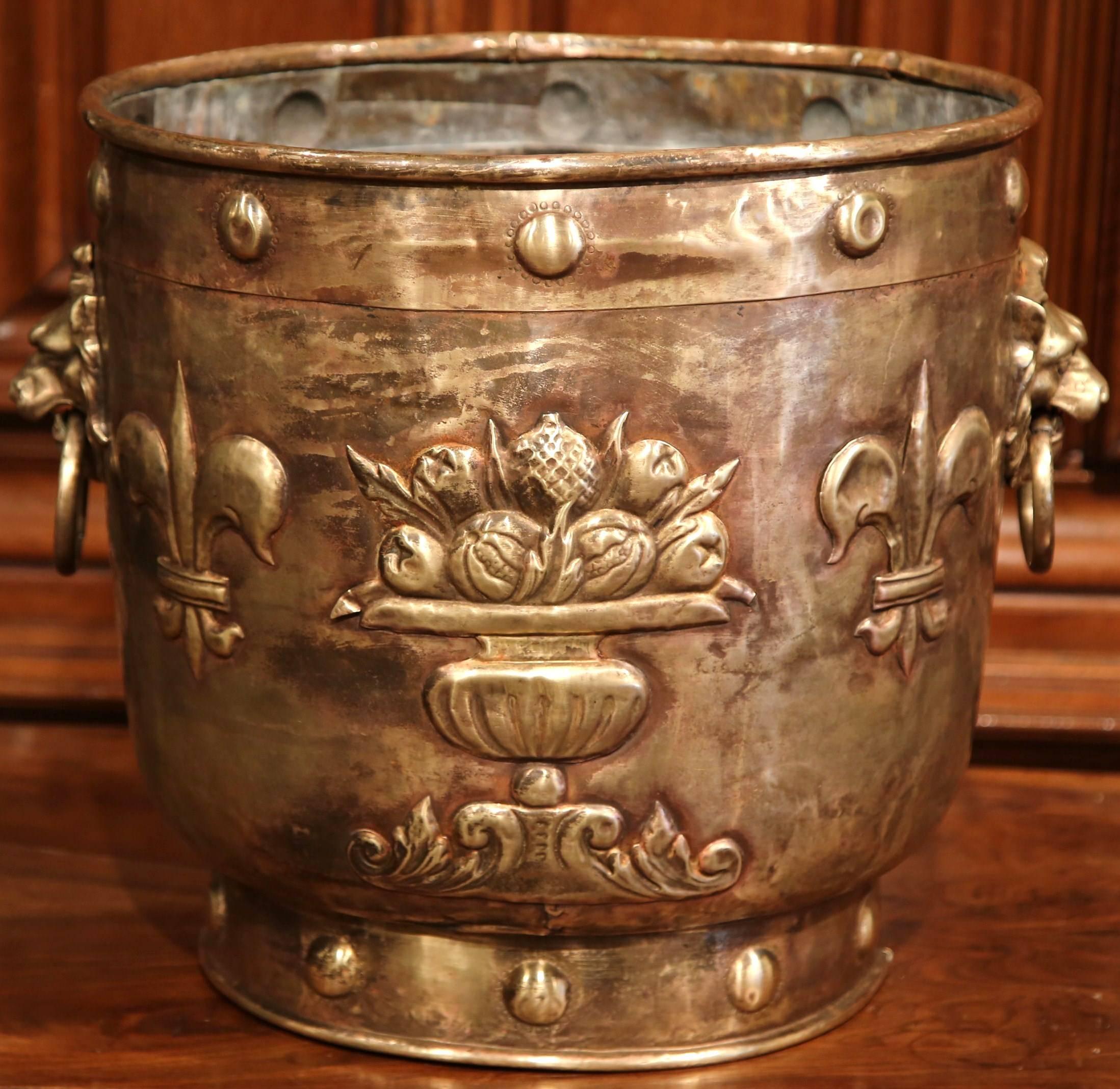 Hand-Crafted Large 19th Century French Brass Bucket with Repousse Motifs and Fleur-de-Lys