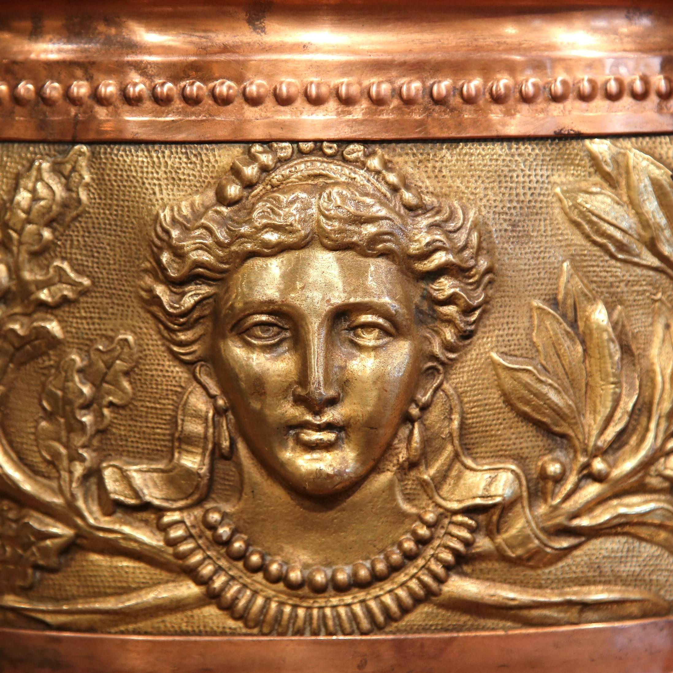 Neoclassical 19th Century French Copper and Brass Circular Basket with Repoussé Decor