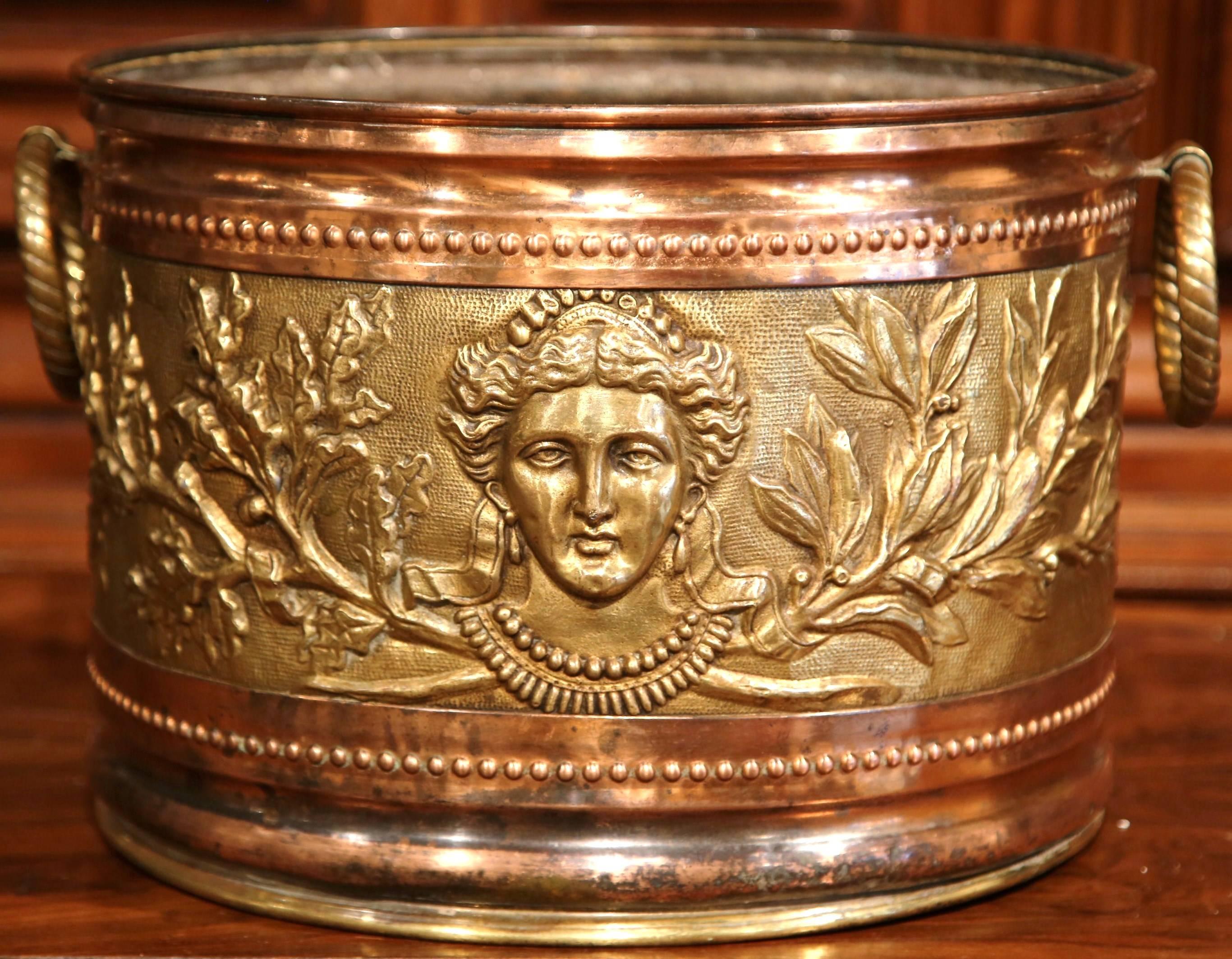 19th Century French Copper and Brass Circular Basket with Repoussé Decor 1