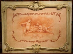 19th Century French Carved Painted Wood Panel Frame with Cherubs Eating Grapes