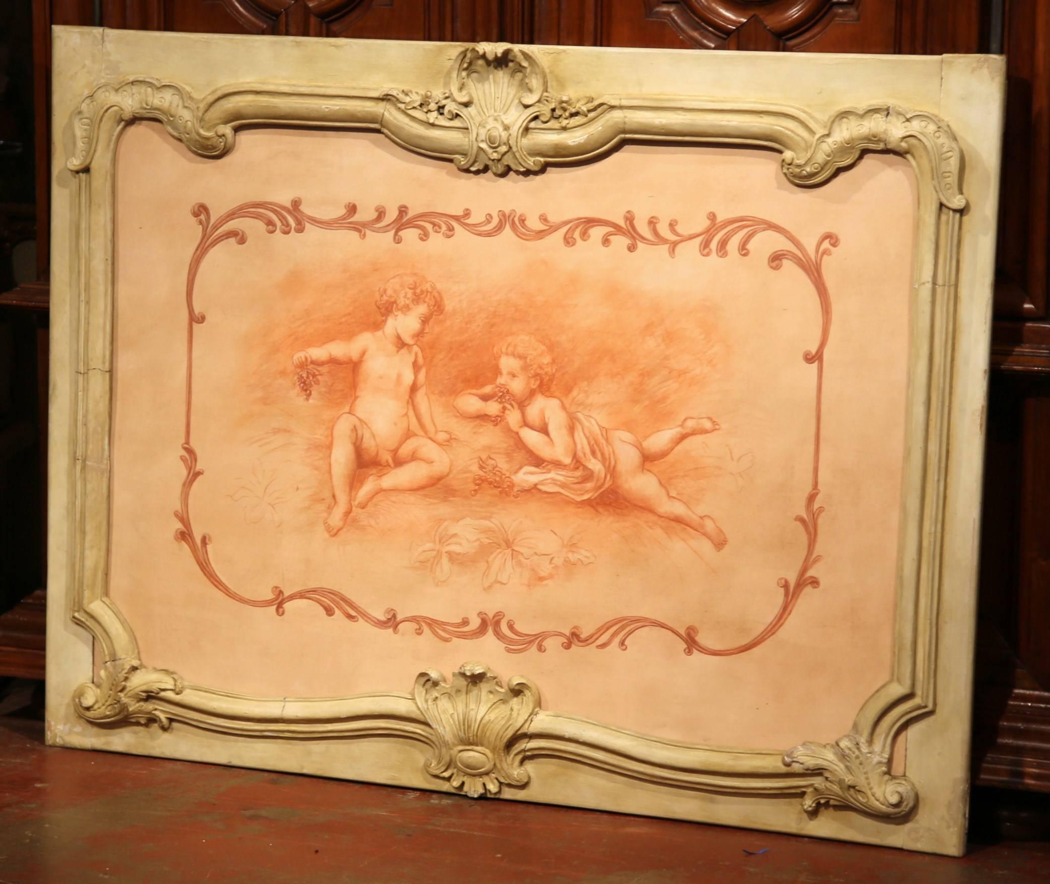 19th Century French Carved Painted Wood Panel Frame with Cherubs Eating Grapes In Good Condition In Dallas, TX