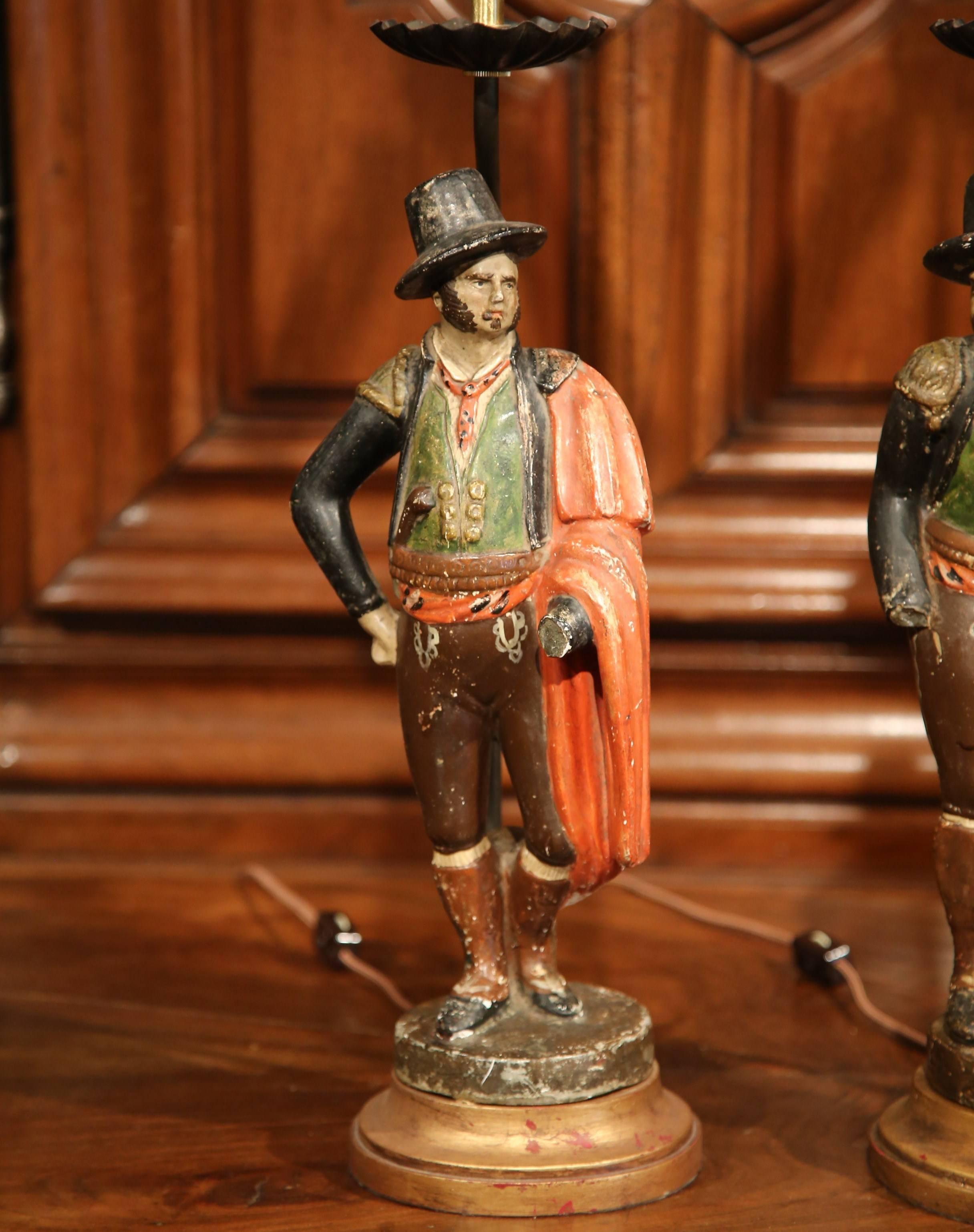 Pair of 19th Century Spanish Carved Polychrome Matadors Sculpture Table Lamps In Excellent Condition In Dallas, TX