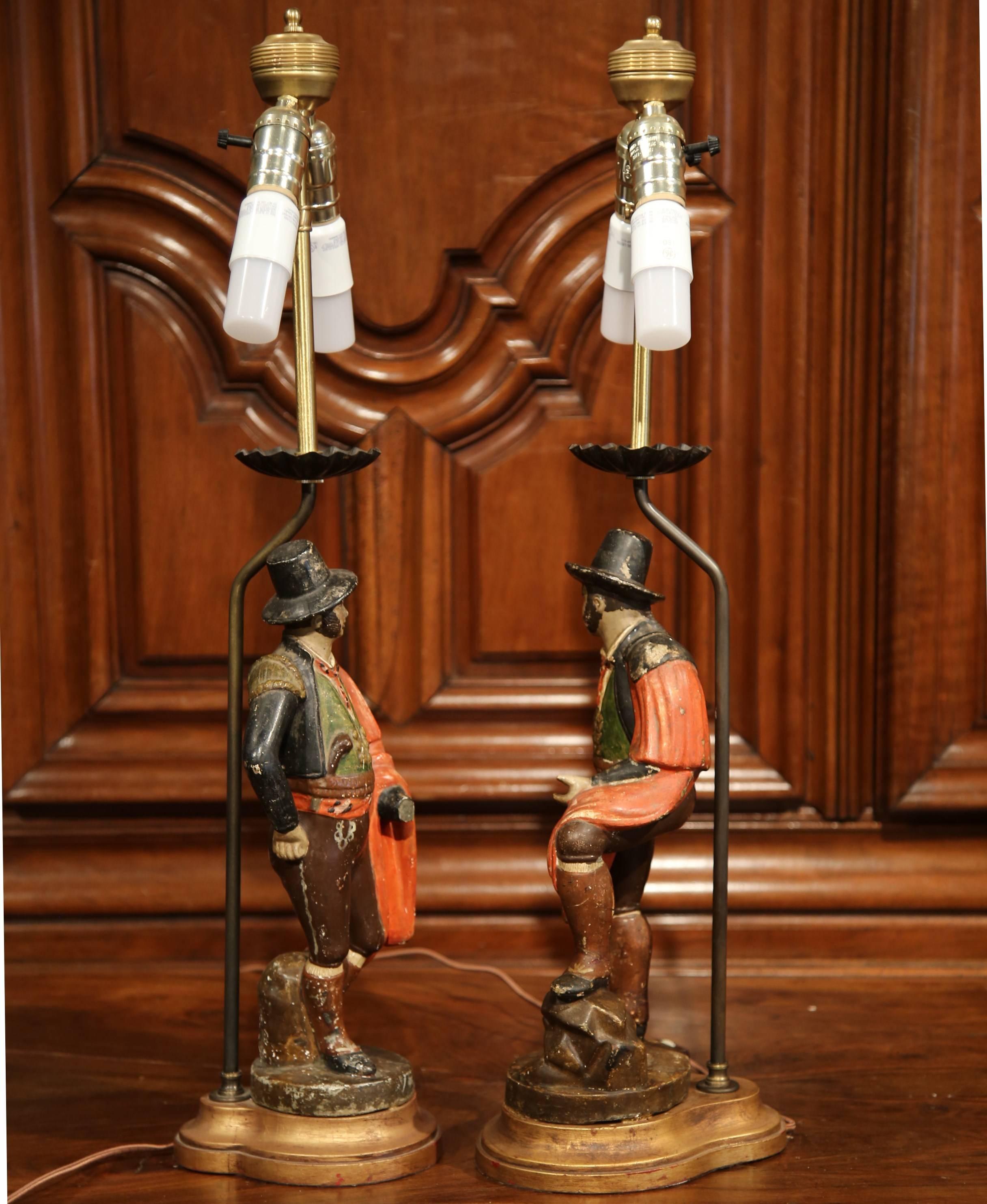 Pair of 19th Century Spanish Carved Polychrome Matadors Sculpture Table Lamps 2
