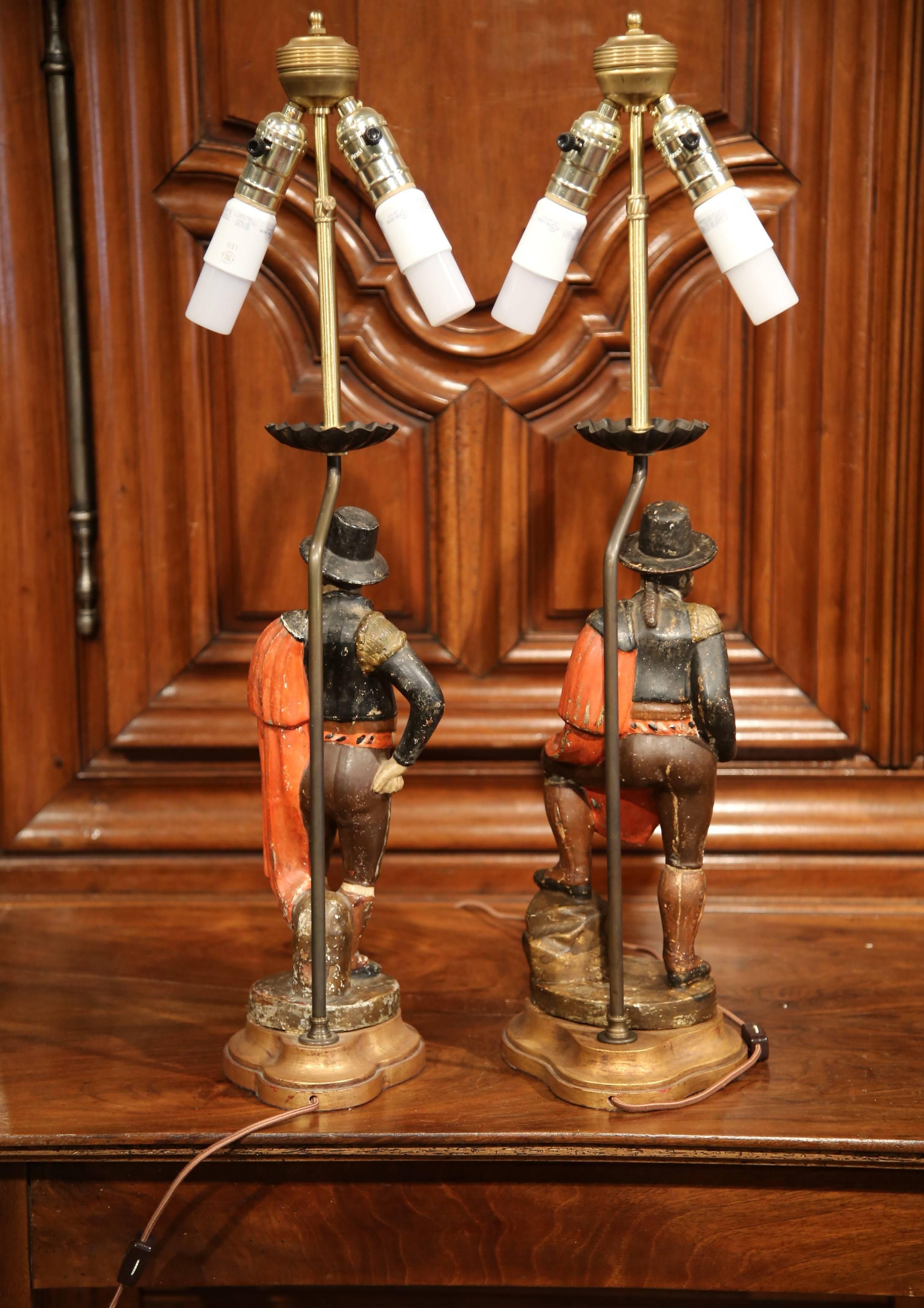 Pair of 19th Century Spanish Carved Polychrome Matadors Sculpture Table Lamps 3