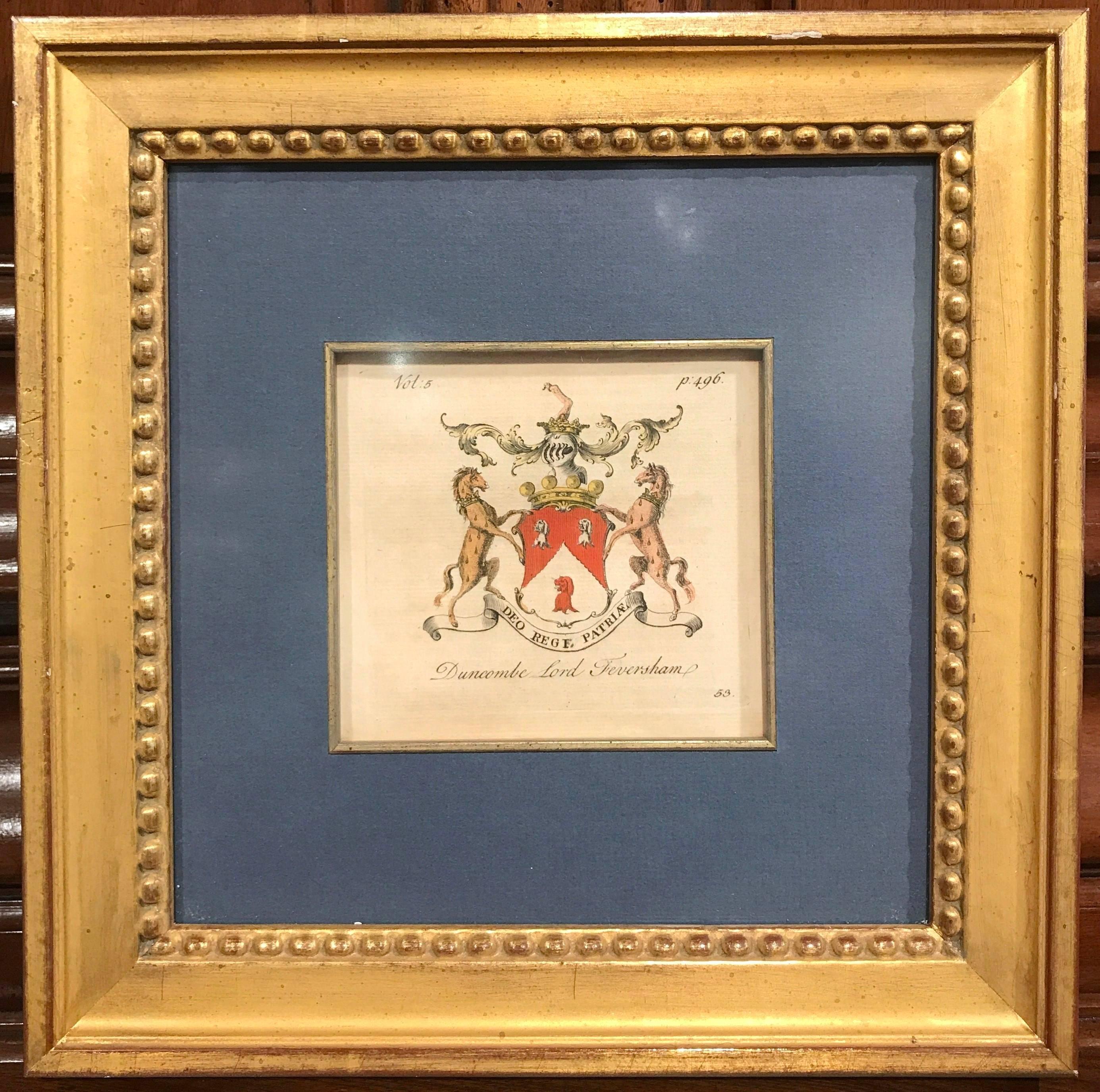 Set of Six English Family Hand-Painted Coat of Arms Etchings, Square Gilt Frame In Excellent Condition In Dallas, TX