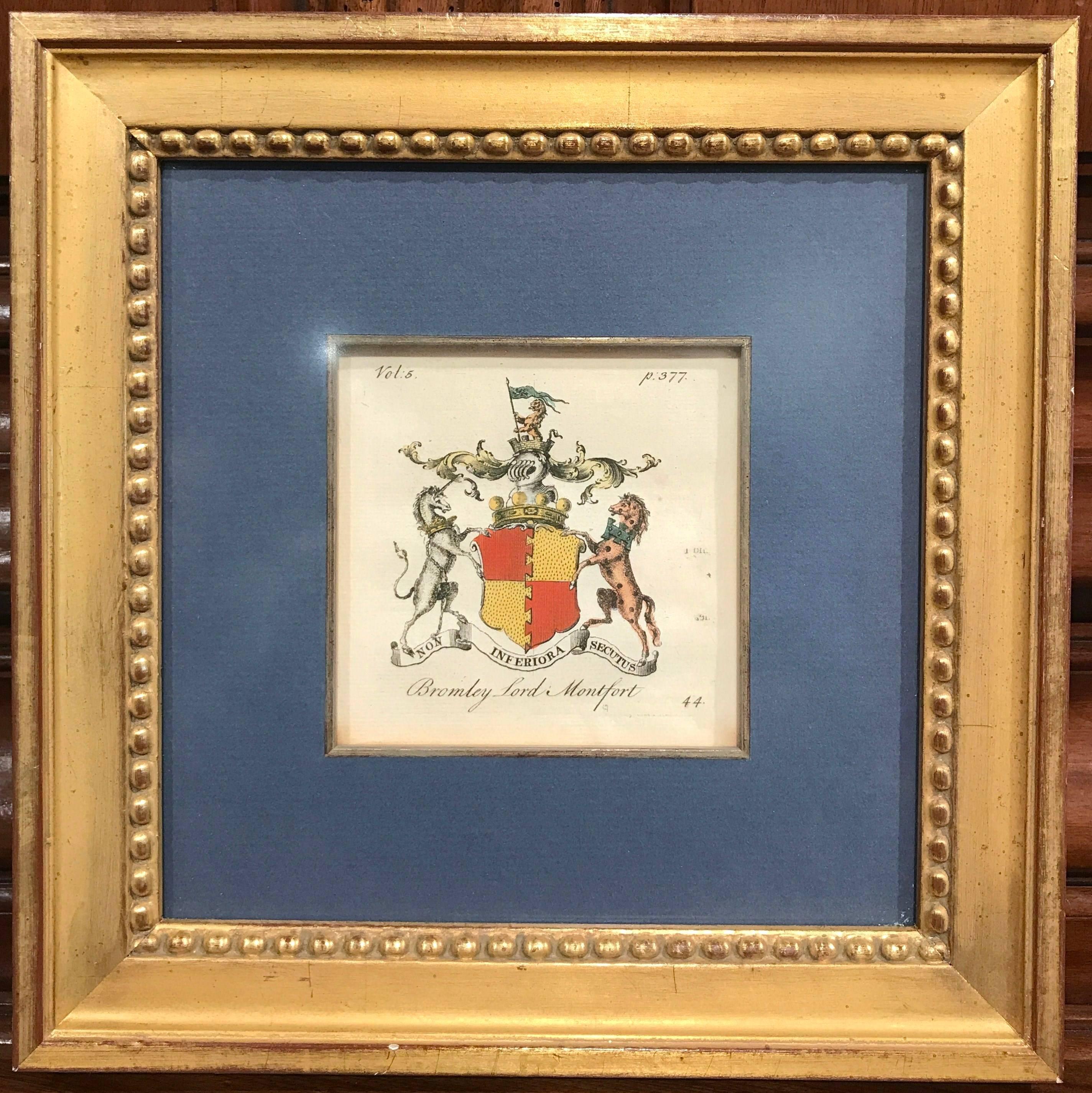 19th Century Set of Six English Family Hand-Painted Coat of Arms Etchings, Square Gilt Frame