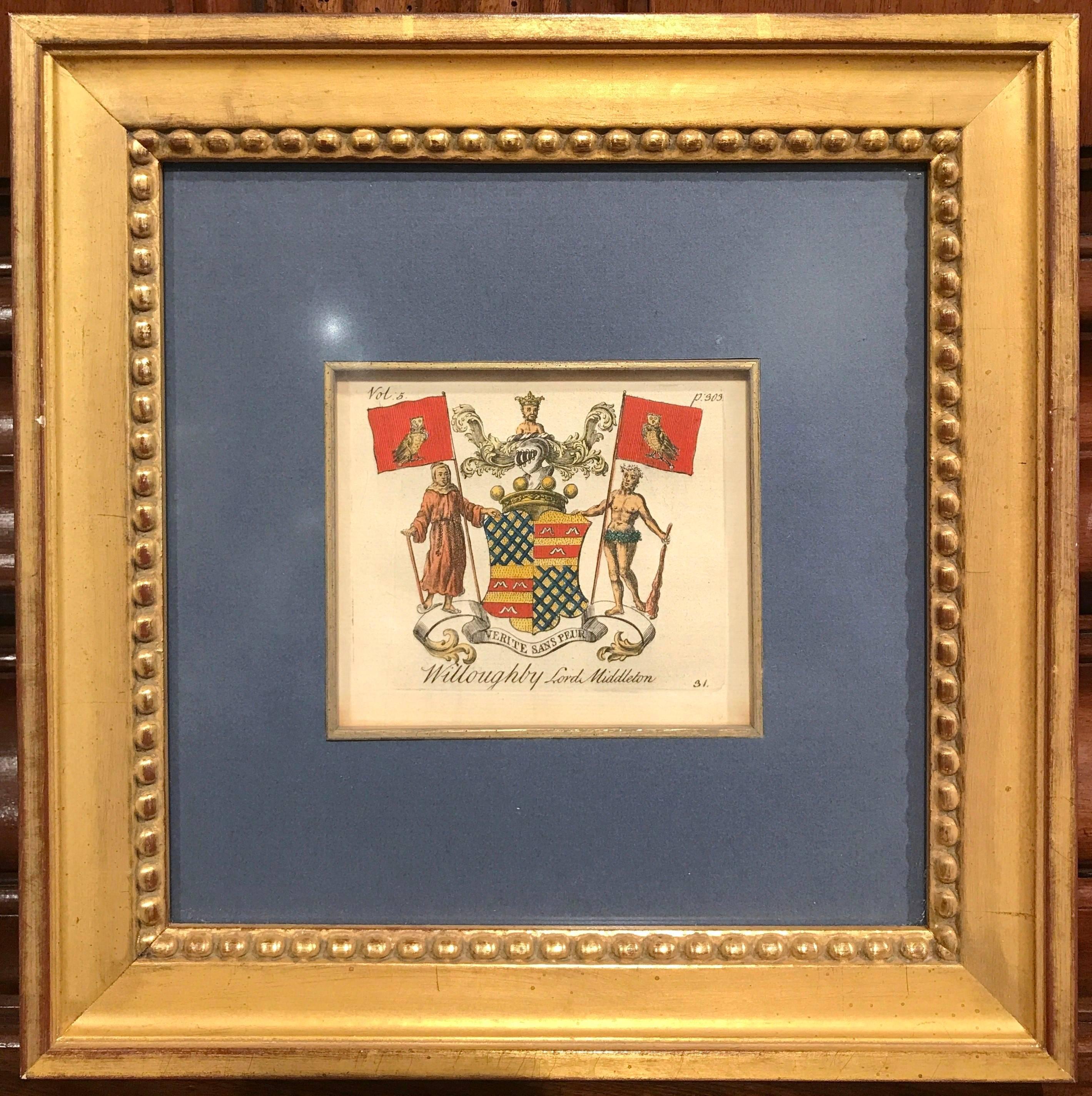 Giltwood Set of Six English Family Hand-Painted Coat of Arms Etchings, Square Gilt Frame