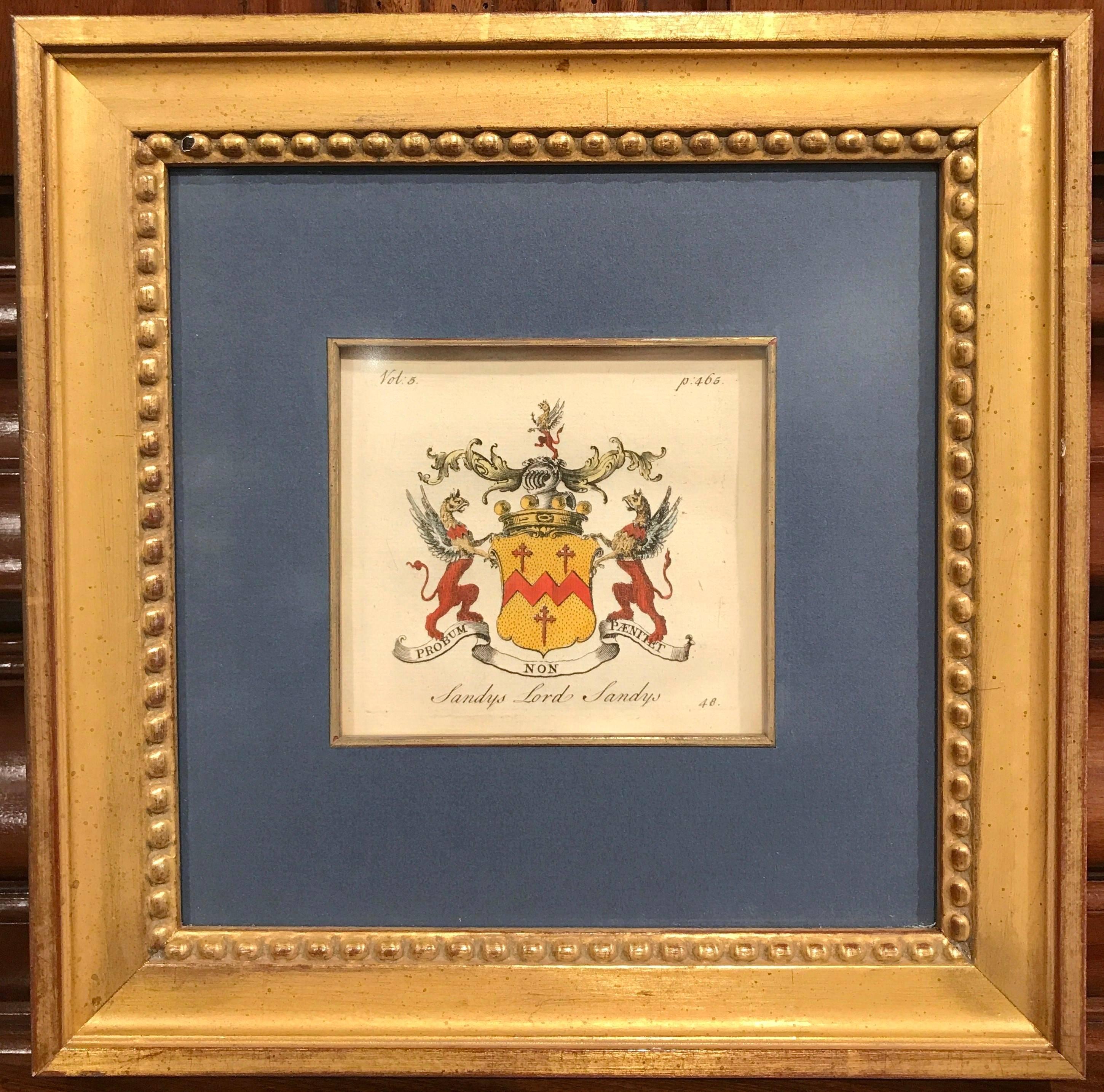 Set of Six English Family Hand-Painted Coat of Arms Etchings, Square Gilt Frame 1