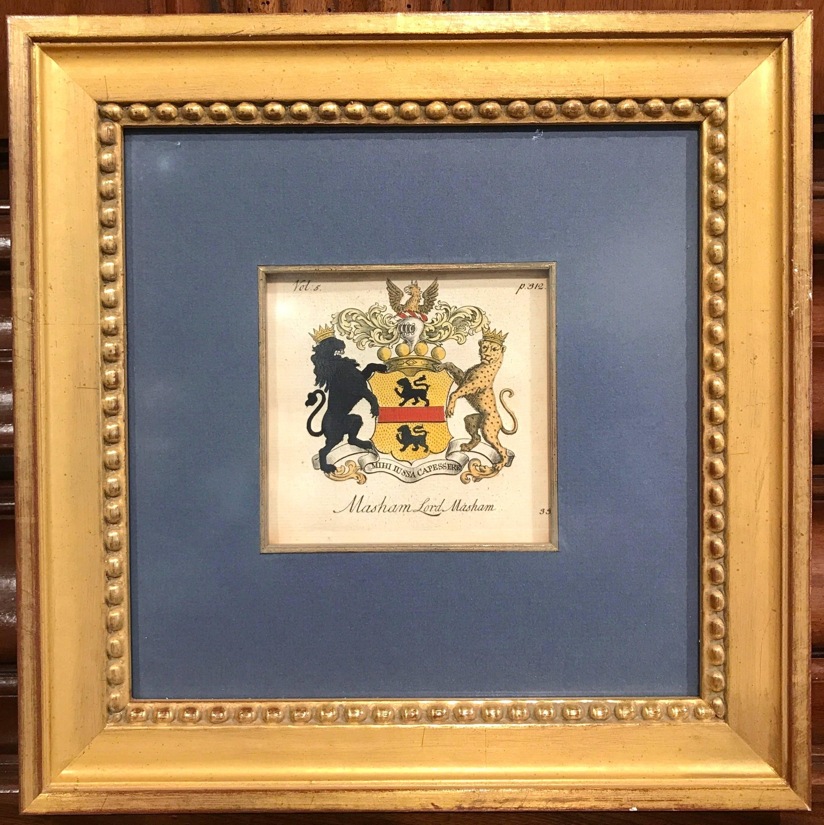 Set of Six English Family Hand-Painted Coat of Arms Etchings, Square Gilt Frame 2