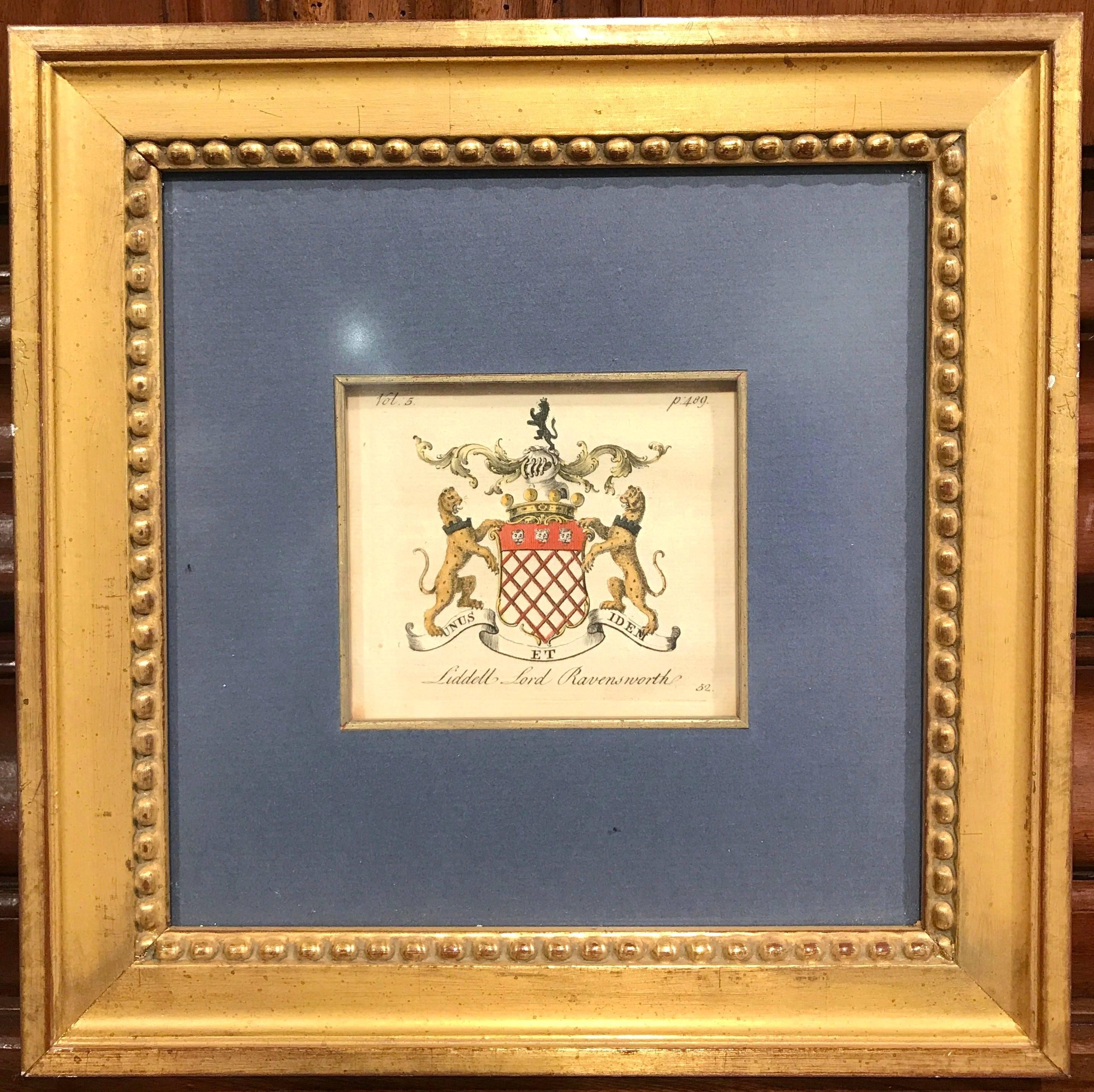 Set of Six English Family Hand-Painted Coat of Arms Etchings, Square Gilt Frame 3