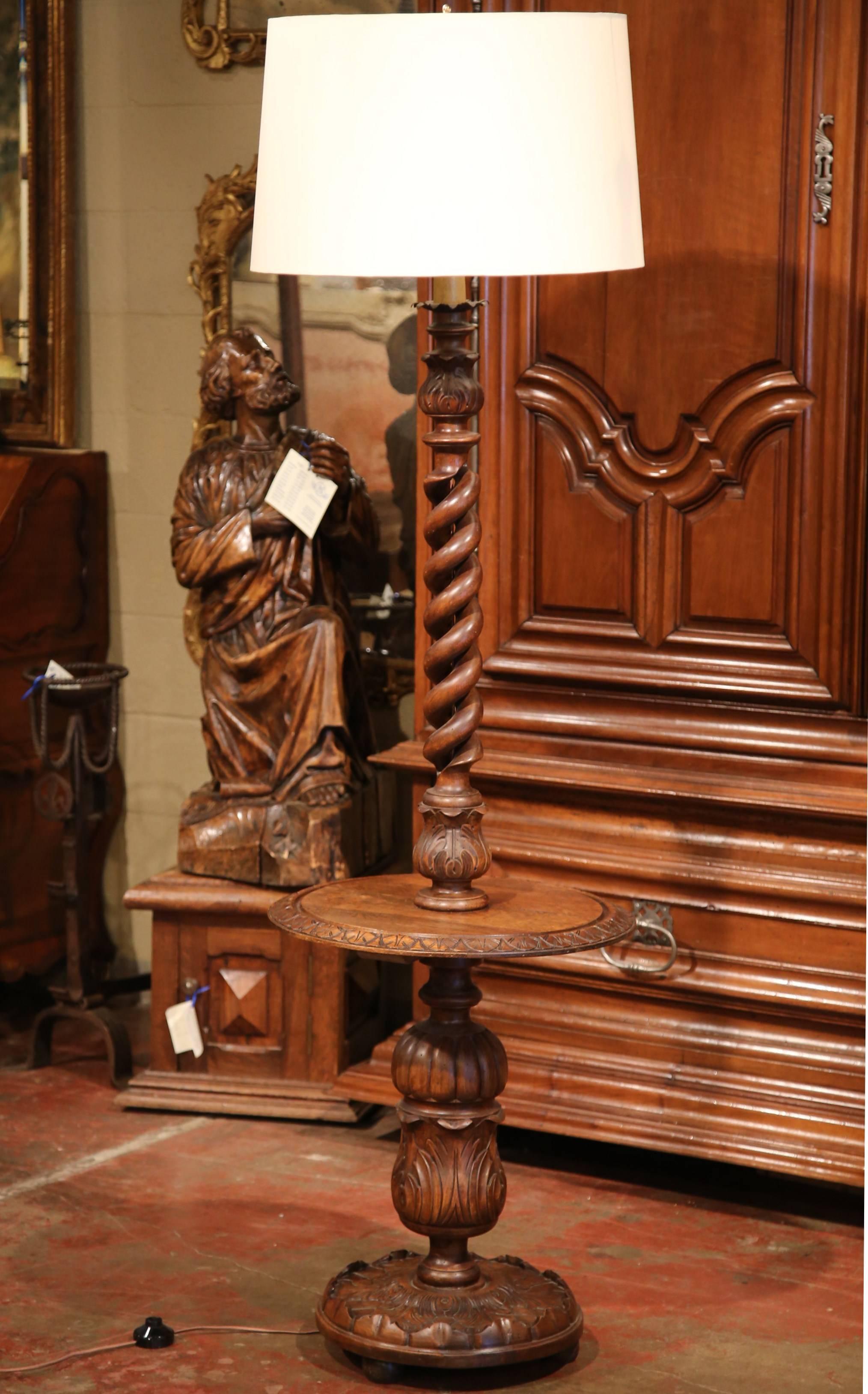 Hand-Carved Early 20th Century French Carved and Barley Twist Floor Lamp with Attached Table