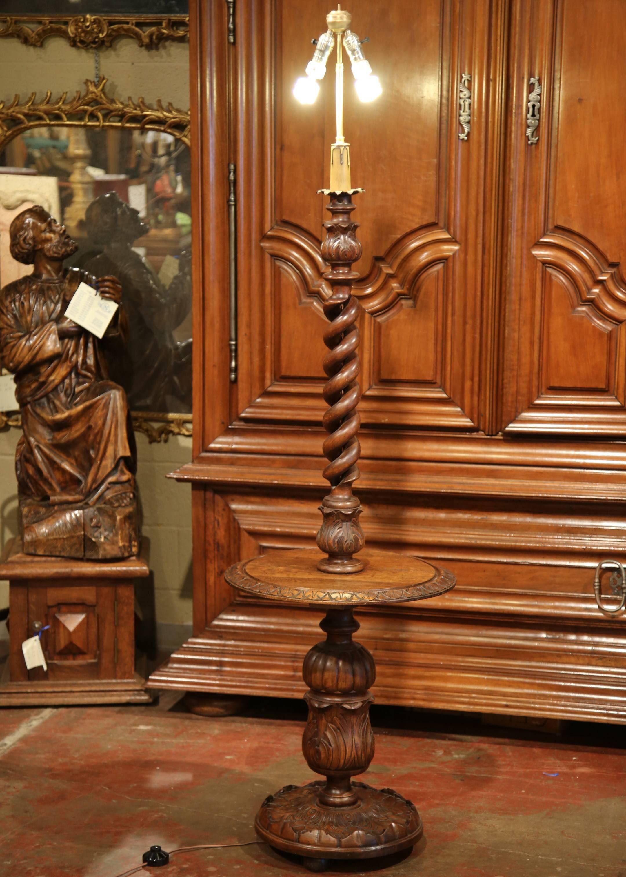 Early 20th Century French Carved and Barley Twist Floor Lamp with Attached Table 1
