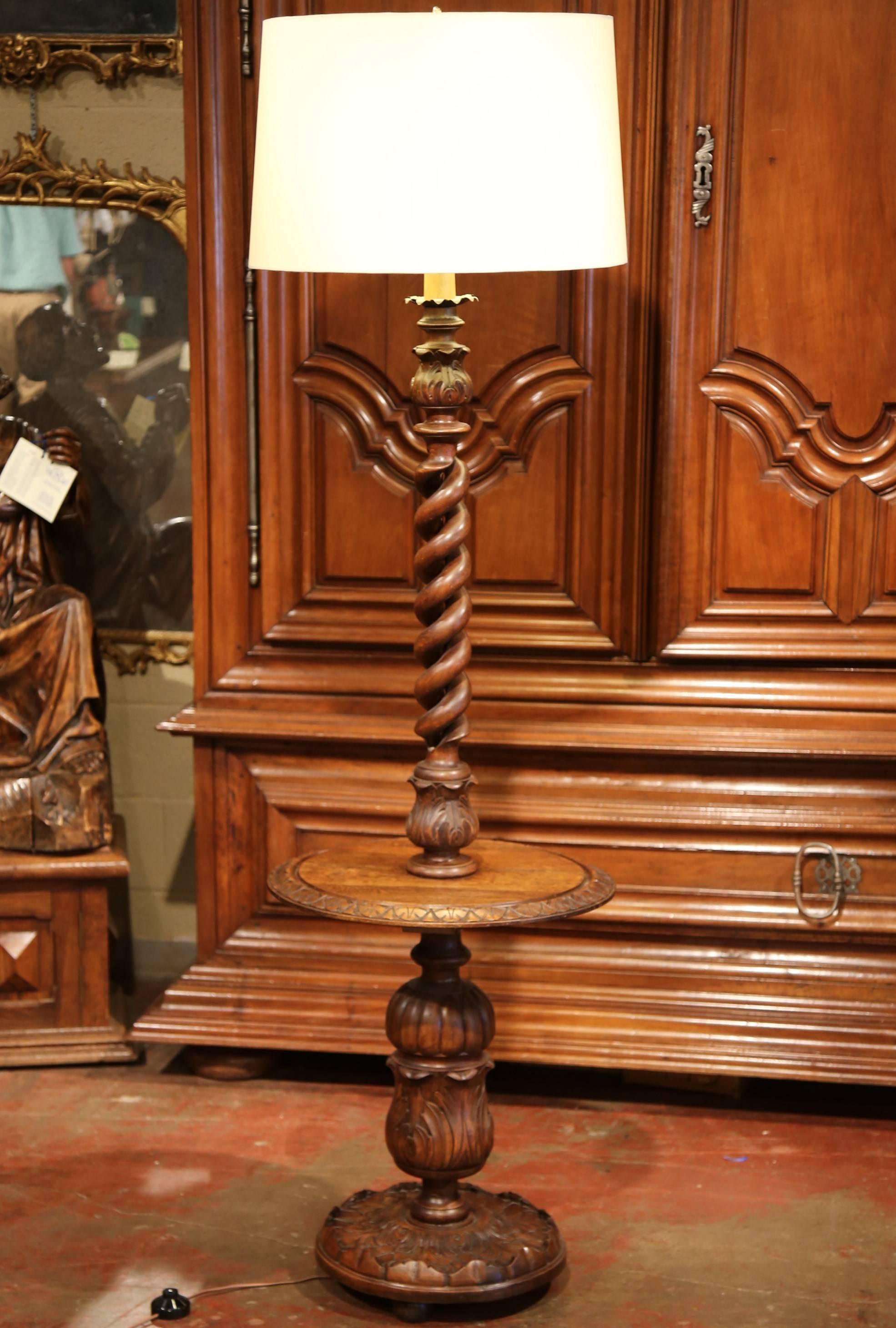 Early 20th Century French Carved and Barley Twist Floor Lamp with Attached Table 2