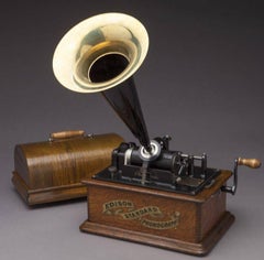 Early 20th Century Oak Edison Cylinder Phonograph with Casing and 12 Records