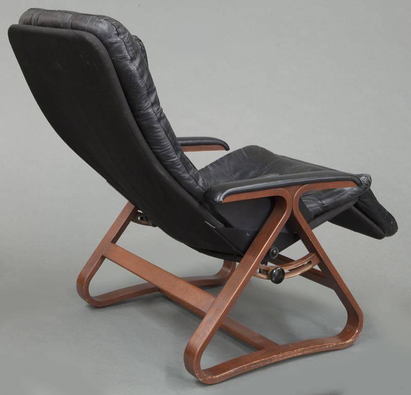 American Contemporary Black Leather and Wood Reclining Armchair with Headrest