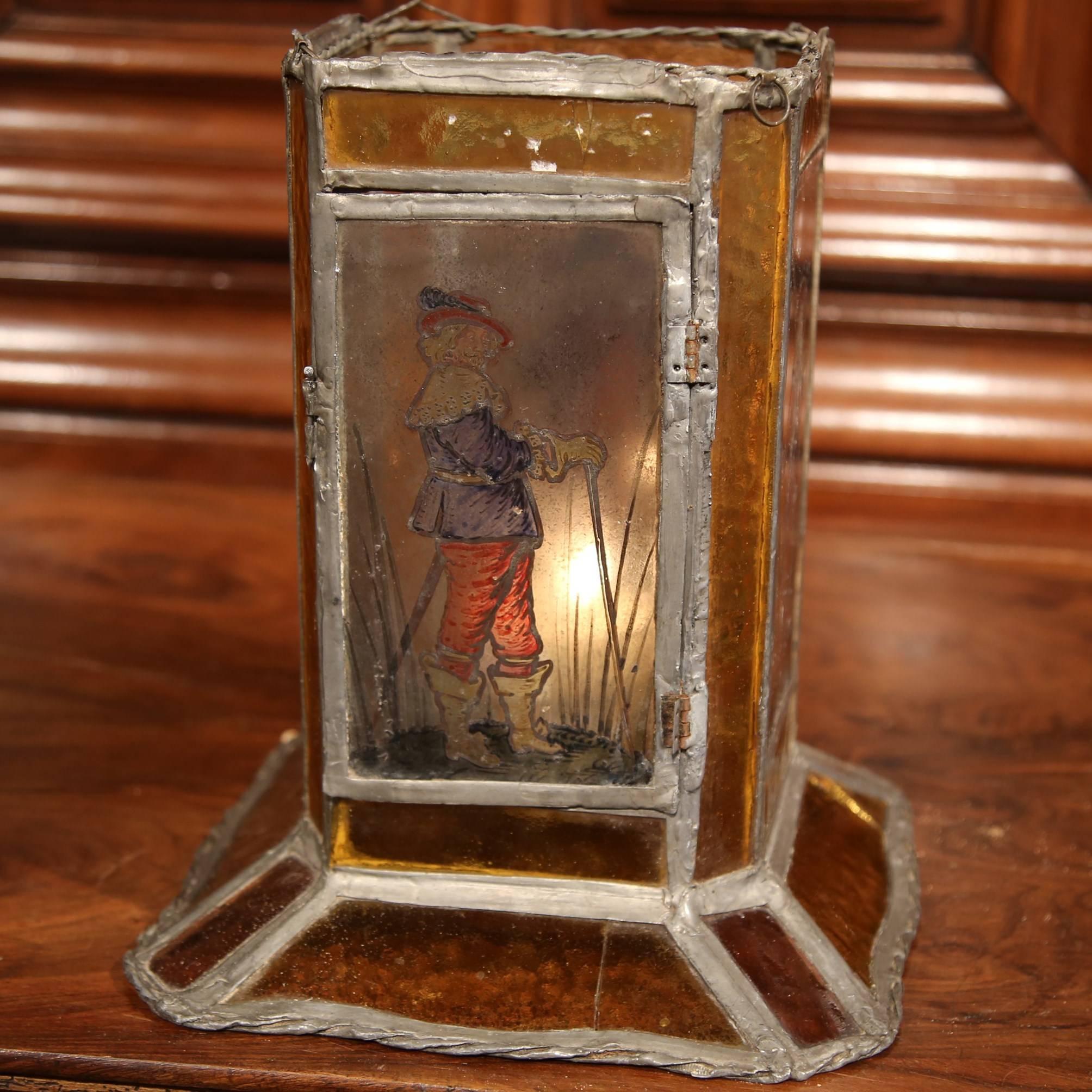 Gothic 19th Century French Stain Glass Lantern with Four Hand-Painted Musketeers